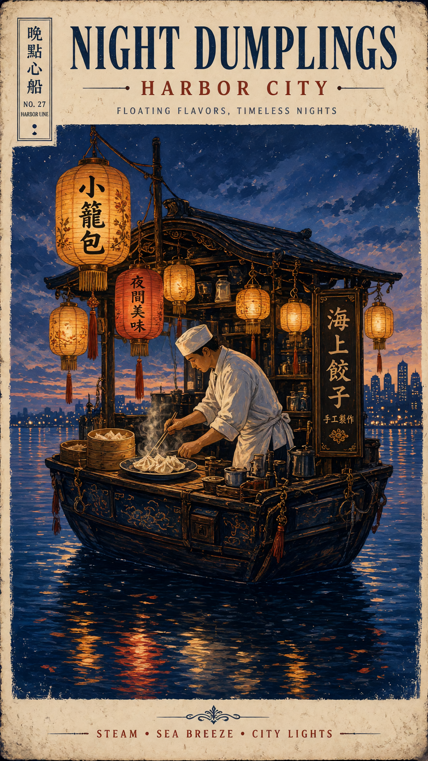 Floating dumpling cart on a lantern-lit harbor