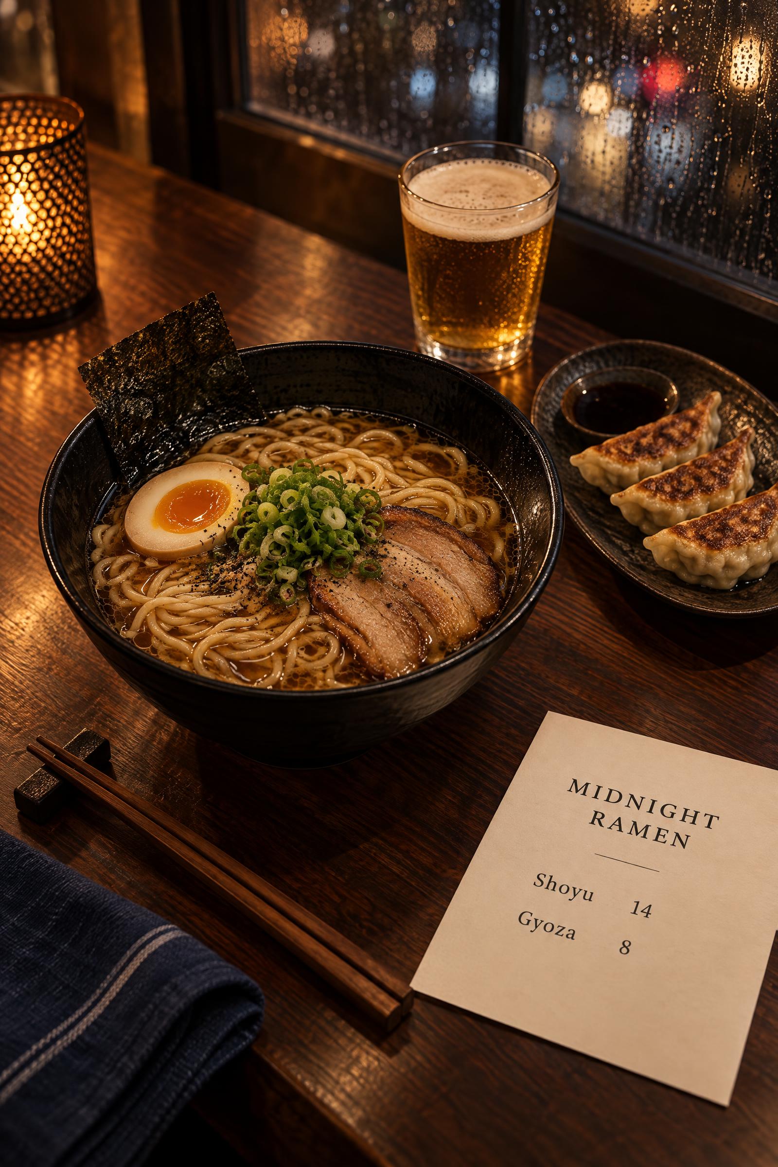 Midnight Ramen GPT Image 2.5 Prompt with shoyu ramen and menu card