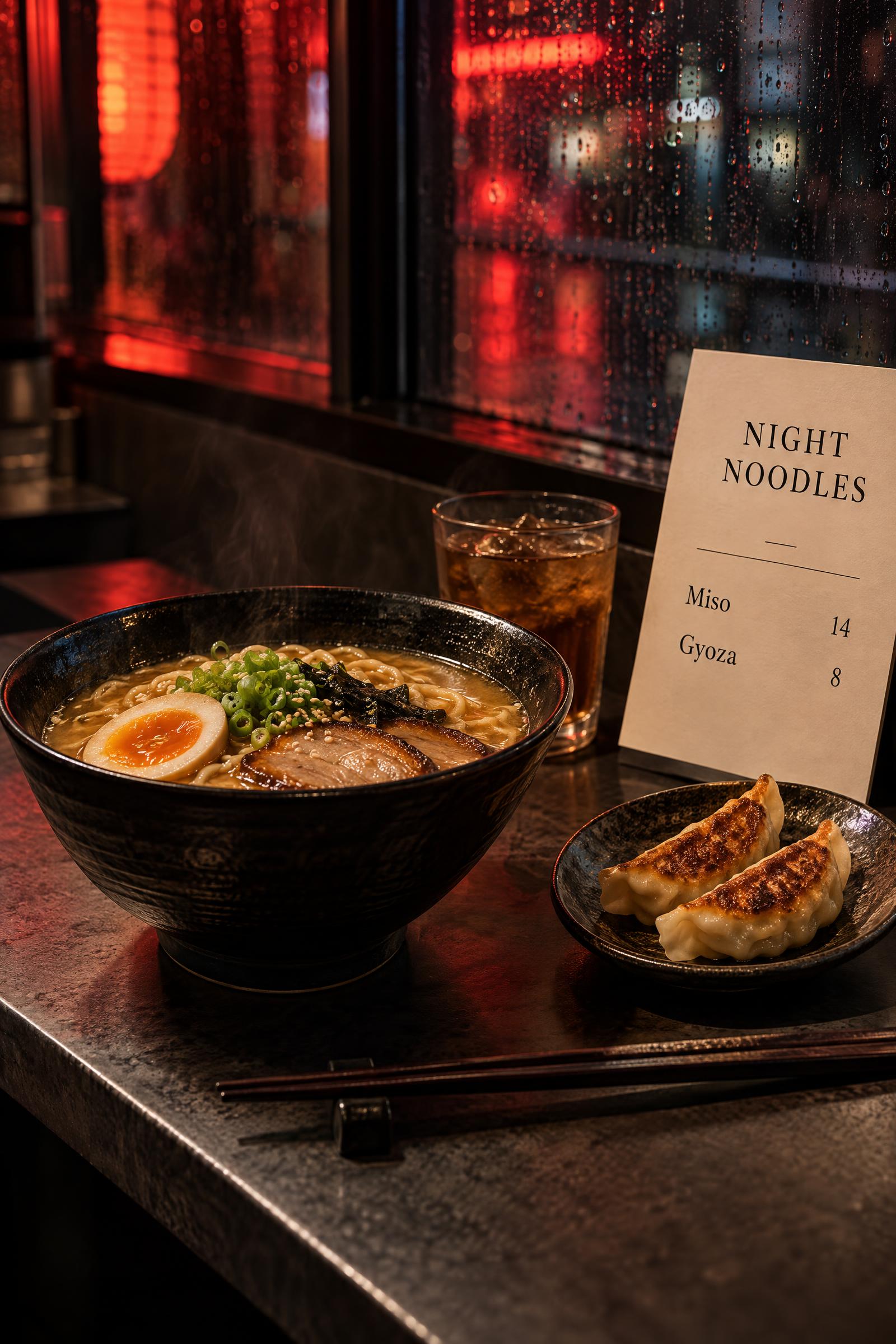Miso ramen in a red neon restaurant window
