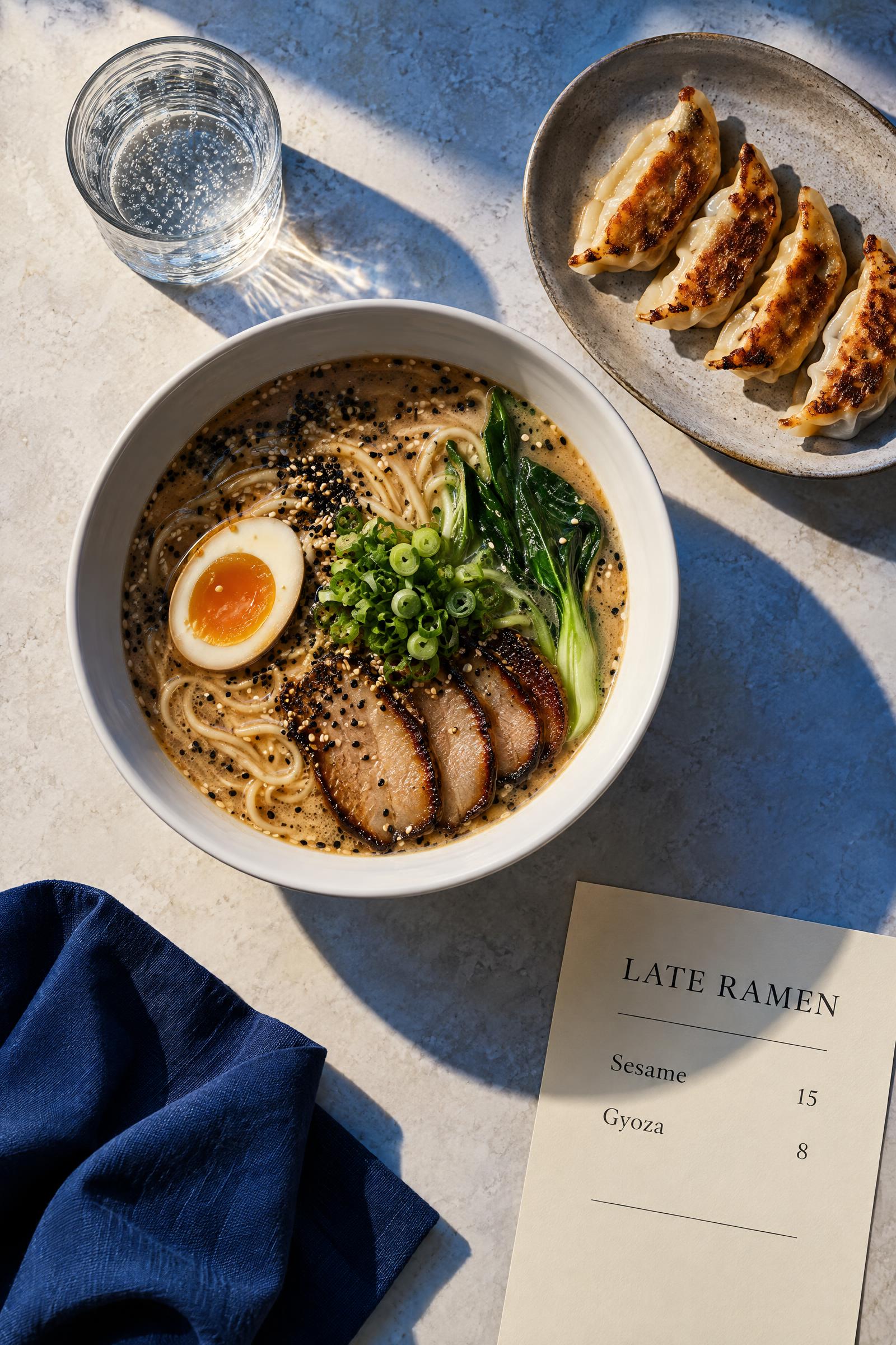 Sesame ramen and gyoza in a clean editorial layout