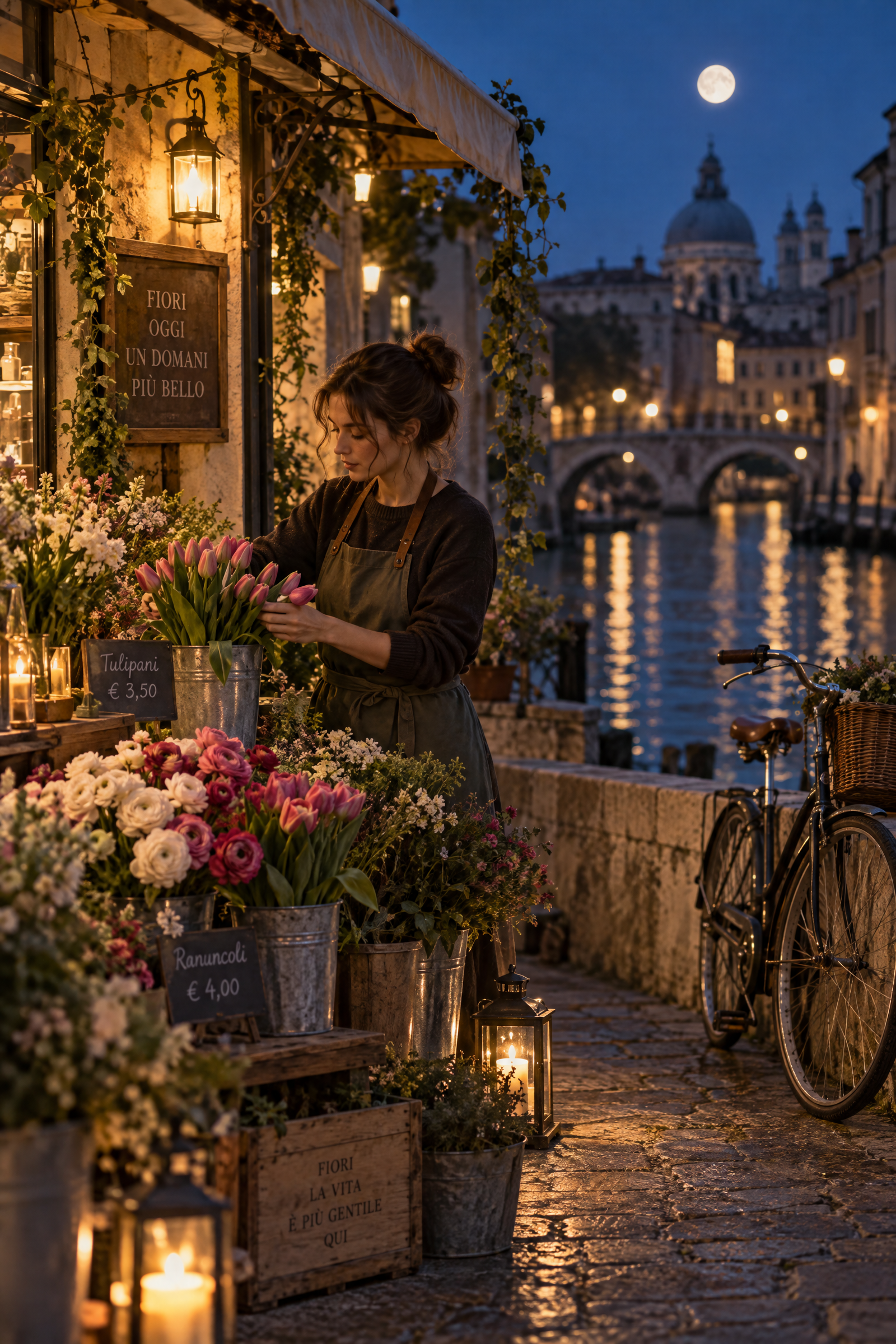 Moonlit canal flower stall editorial travel photograph