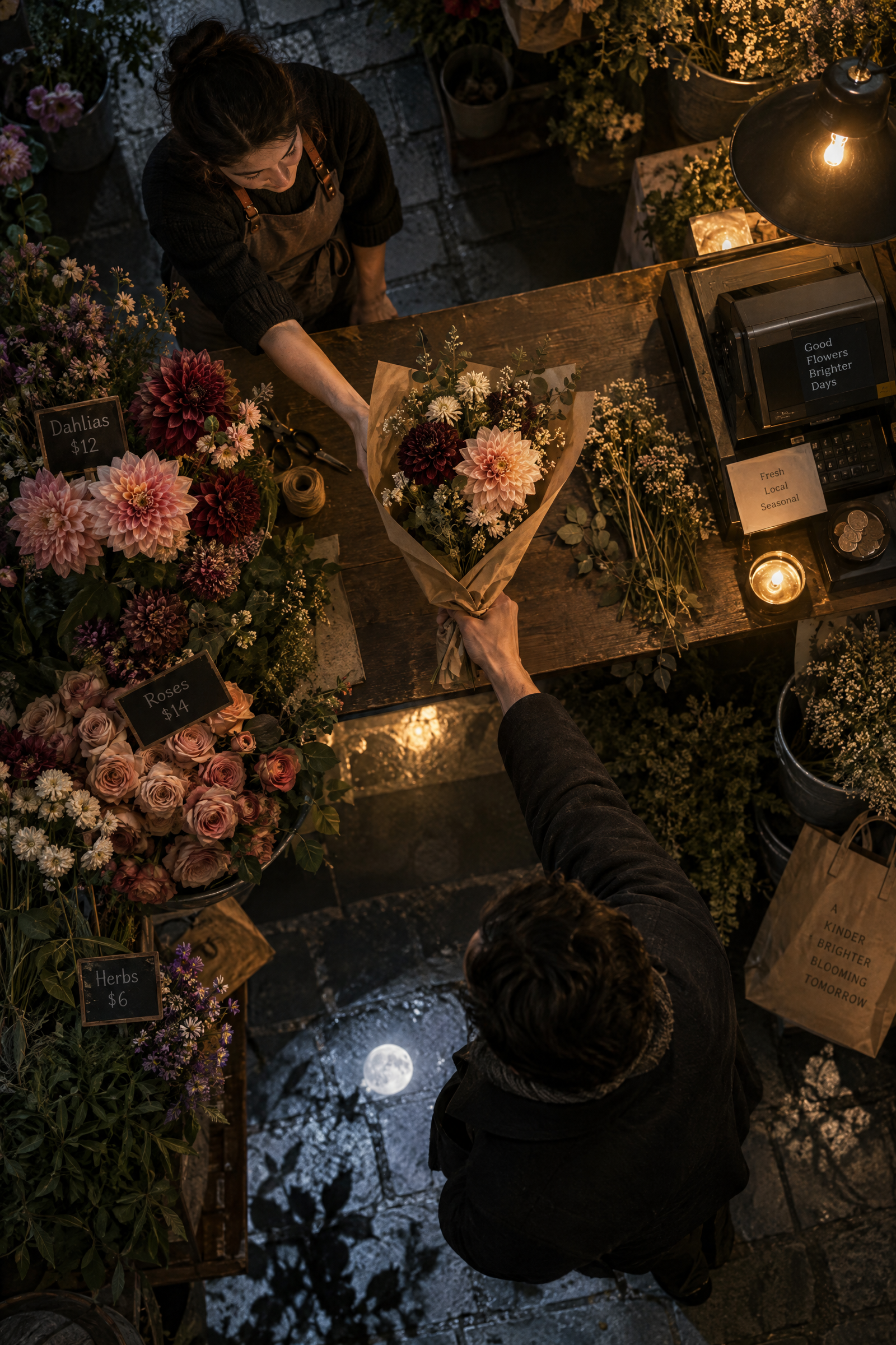 Overhead moonlit flower market bouquet exchange