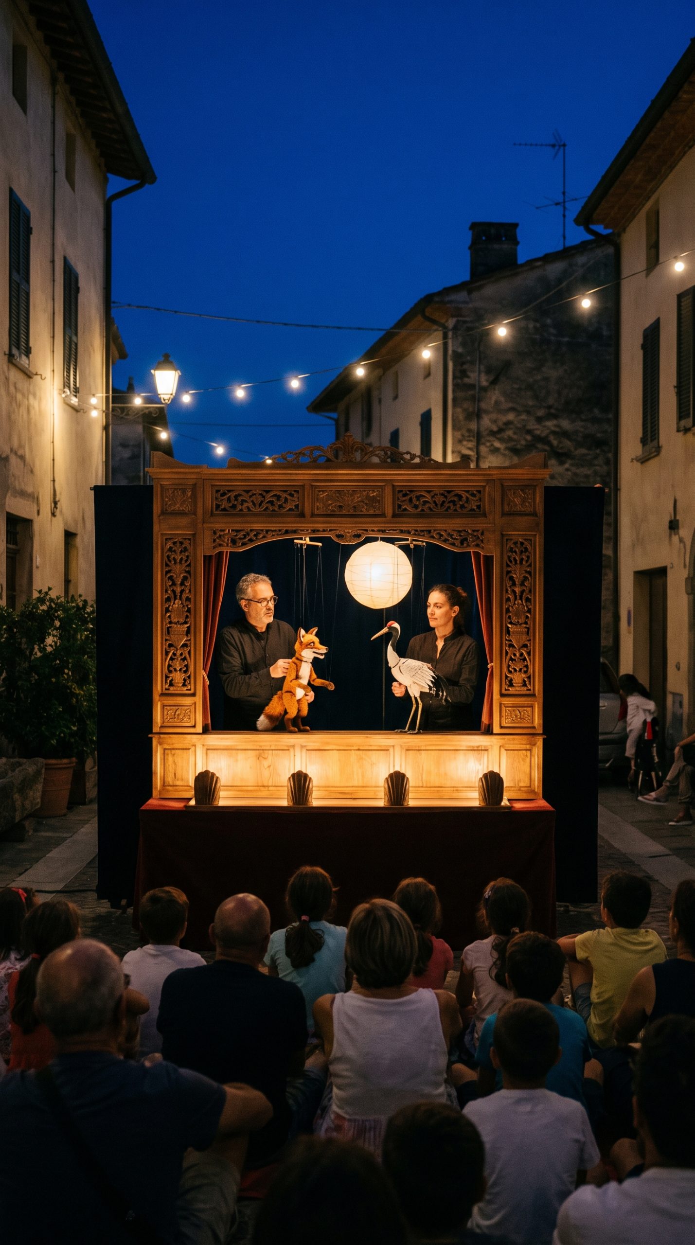 Moonlit Puppet Theater Happy Horse 1.0 Prompt first frame with fox and crane marionettes
