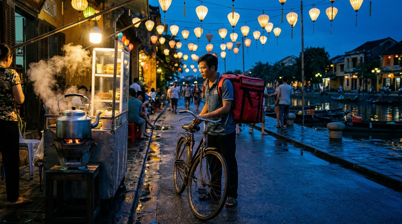 Moonlit Tea Delivery Wan 2.7 Prompt first frame with a bicycle courier and tea stall