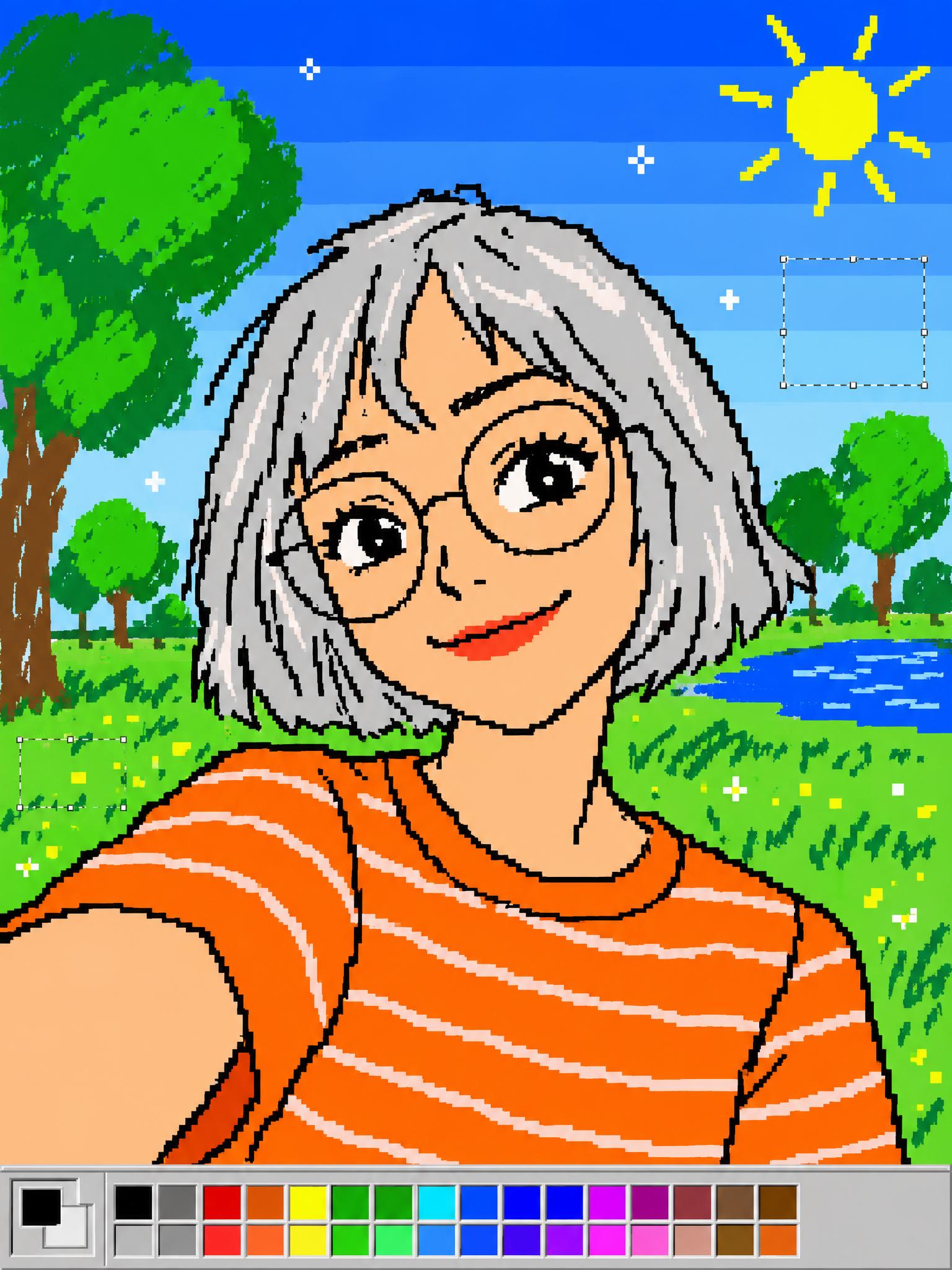 Sunny park selfie remade as playful MS Paint art