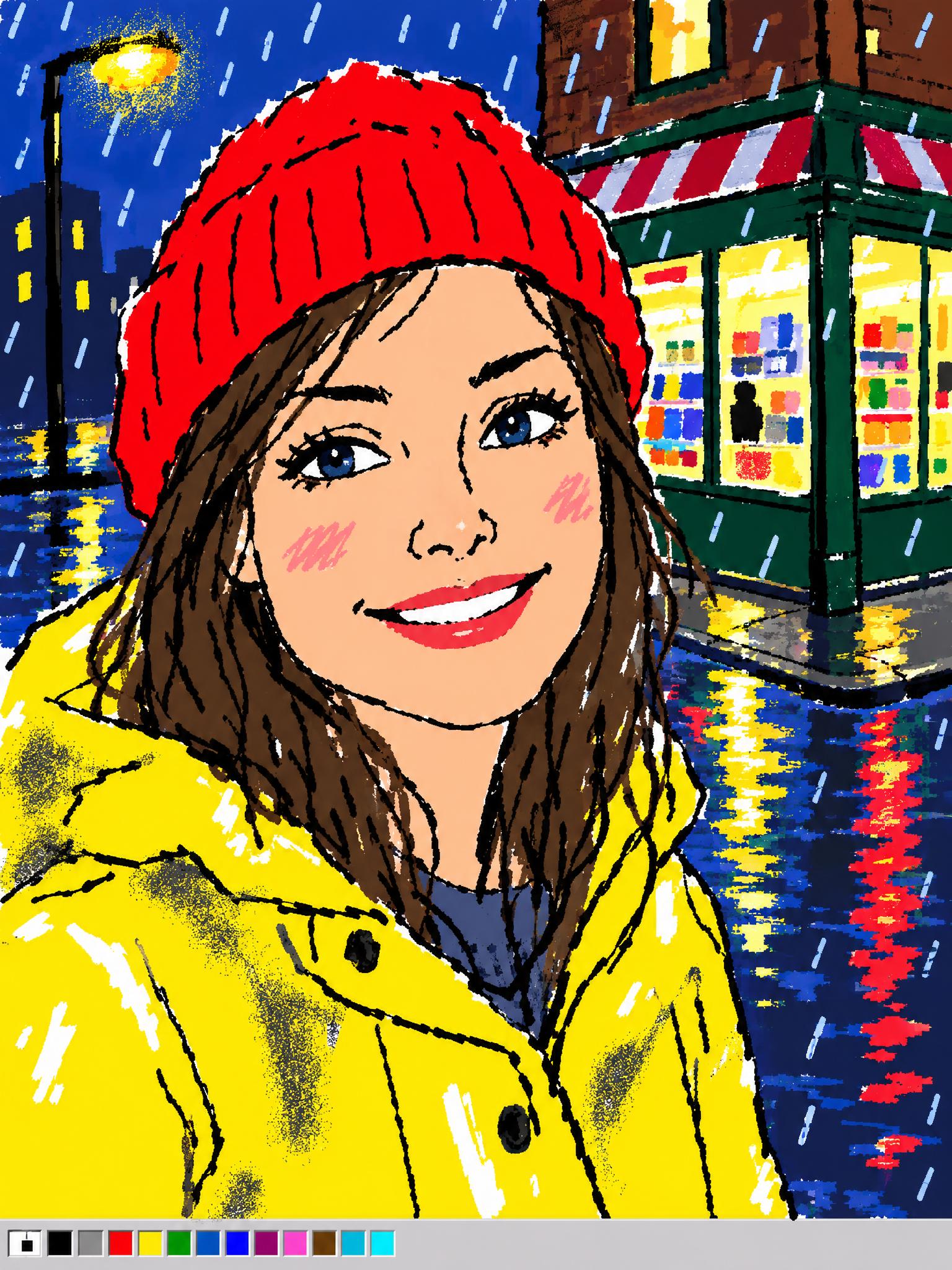 Rainy corner-shop portrait in crude MS Paint style