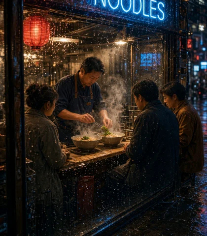 Neon Ramen Window Grok Imagine Video 1.5 Prompt