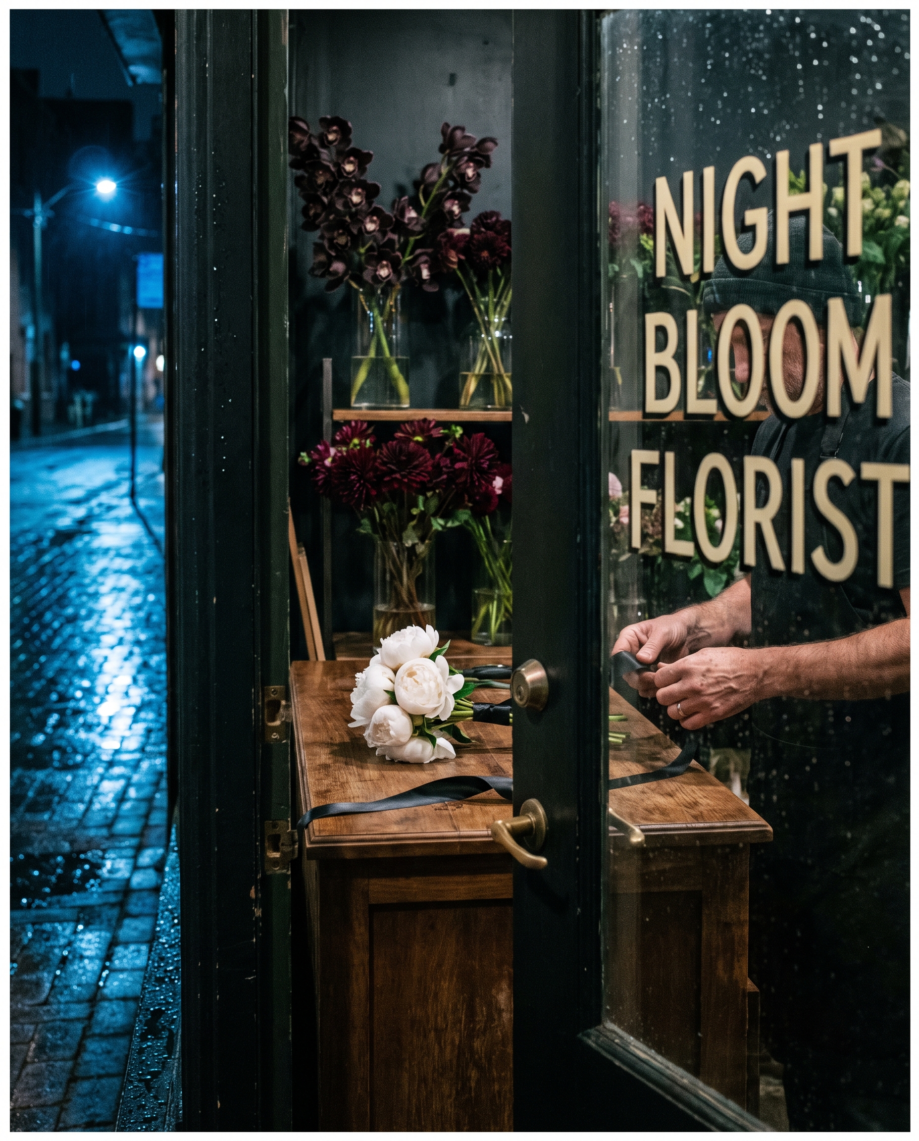 Night Bloom Florist Nano Banana Pro prompt showing a florist tying a peony bouquet