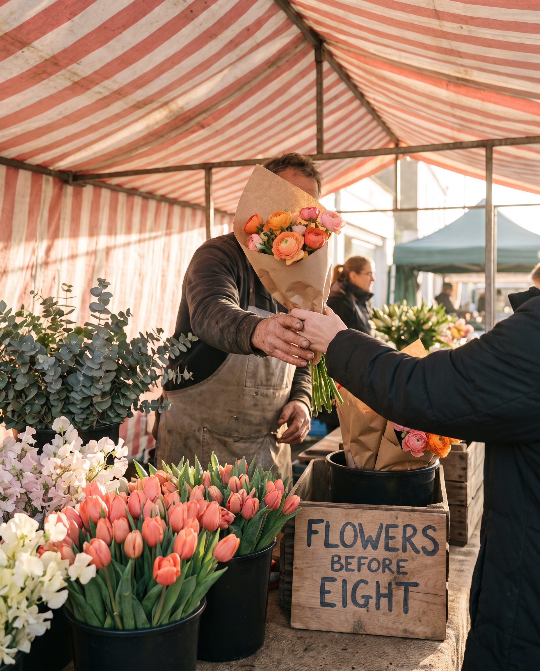 Dawn flower market with florist handing over a ranunculus bouquet