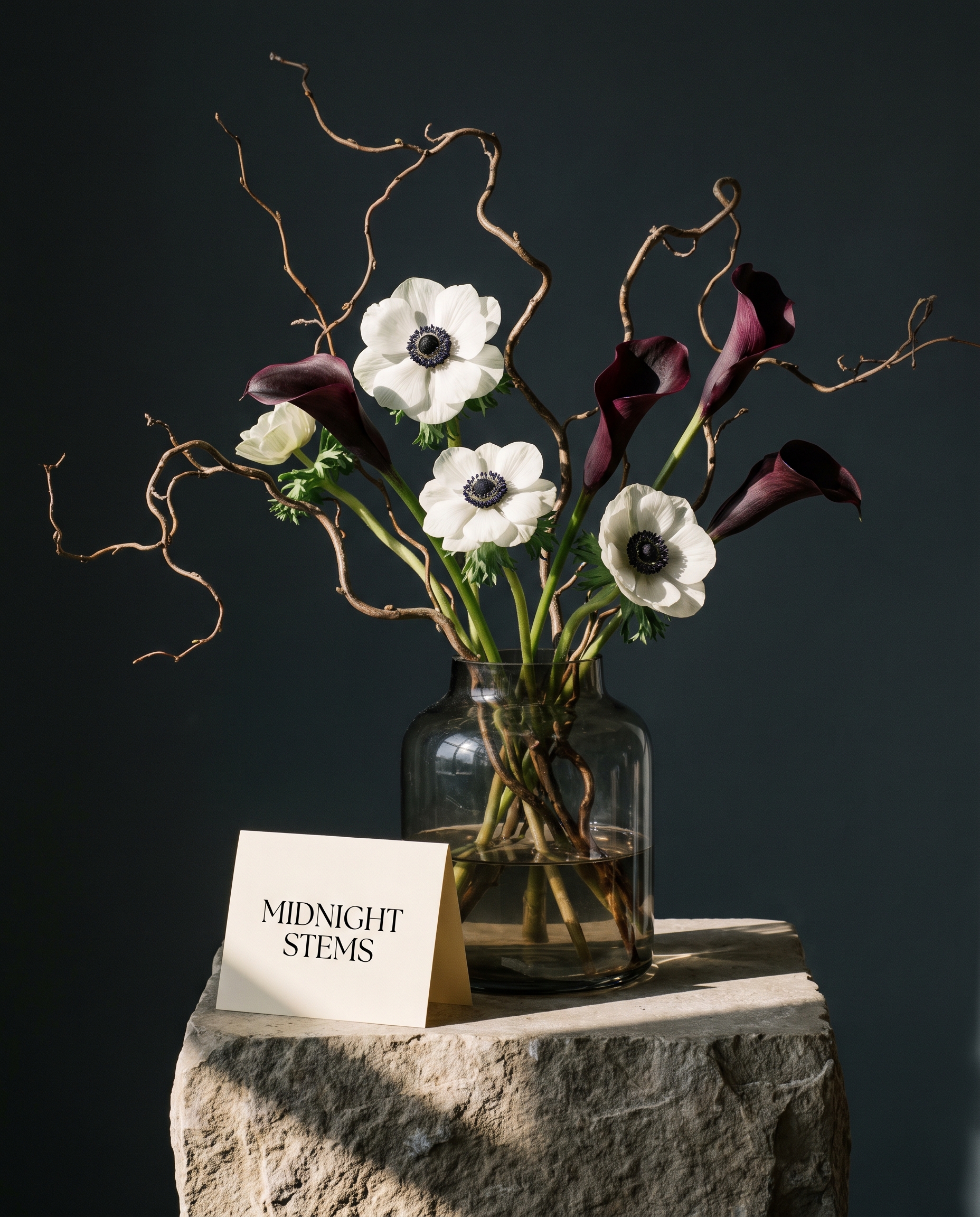 Moody studio flower still life with Midnight Stems card