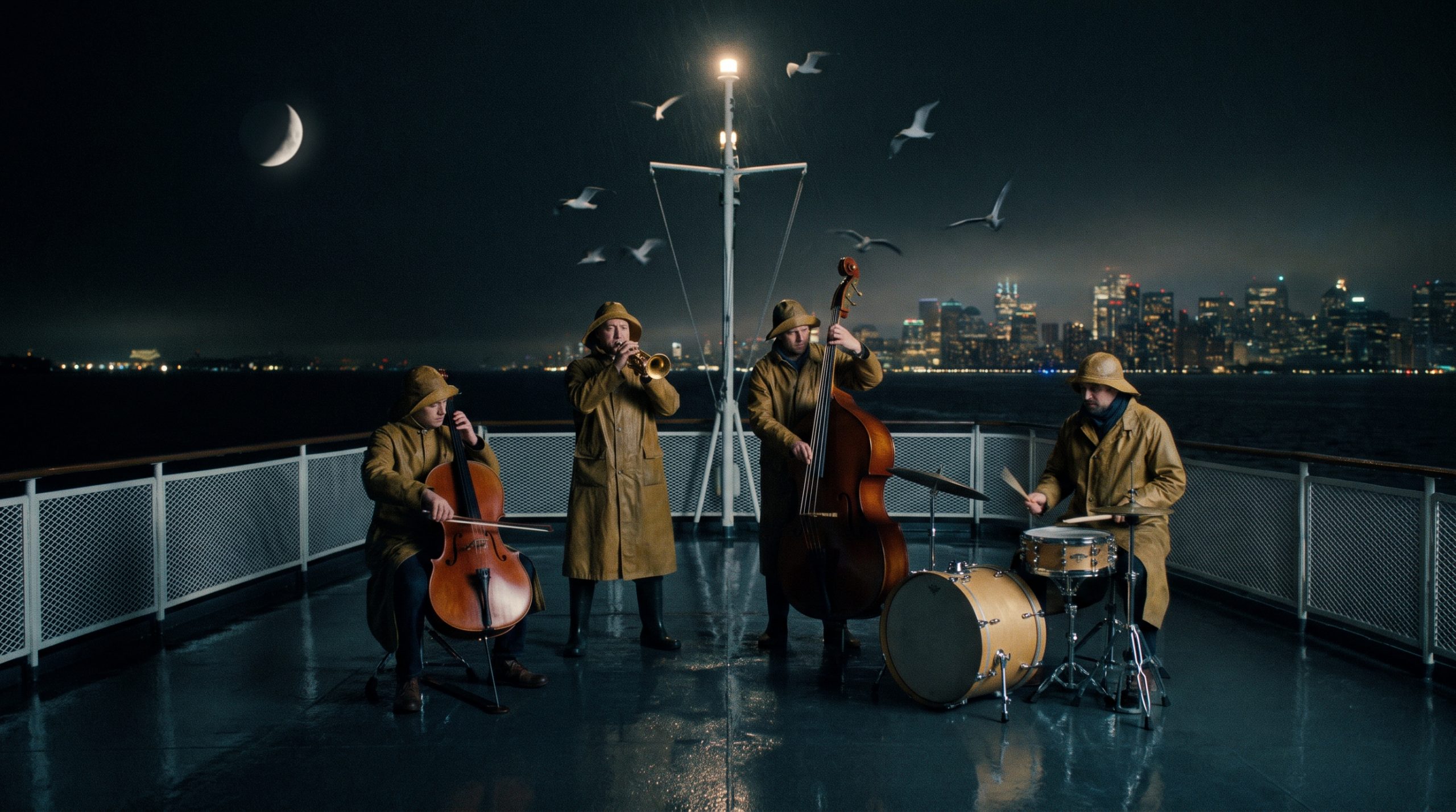 Night Ferry Orchestra Wan 2.7 Prompt first frame with four musicians on a ferry