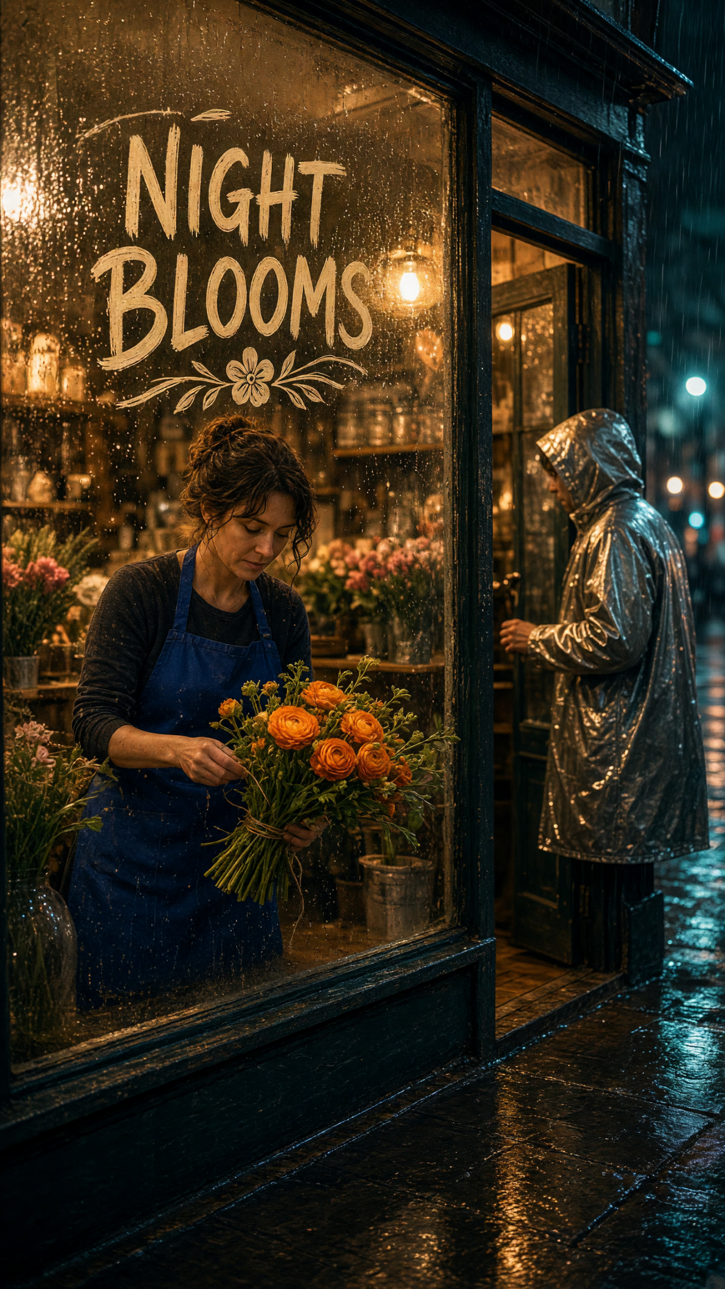 Night Shift Flower Shop Grok Imagine Image V2 Prompt with florist in a glowing flower shop