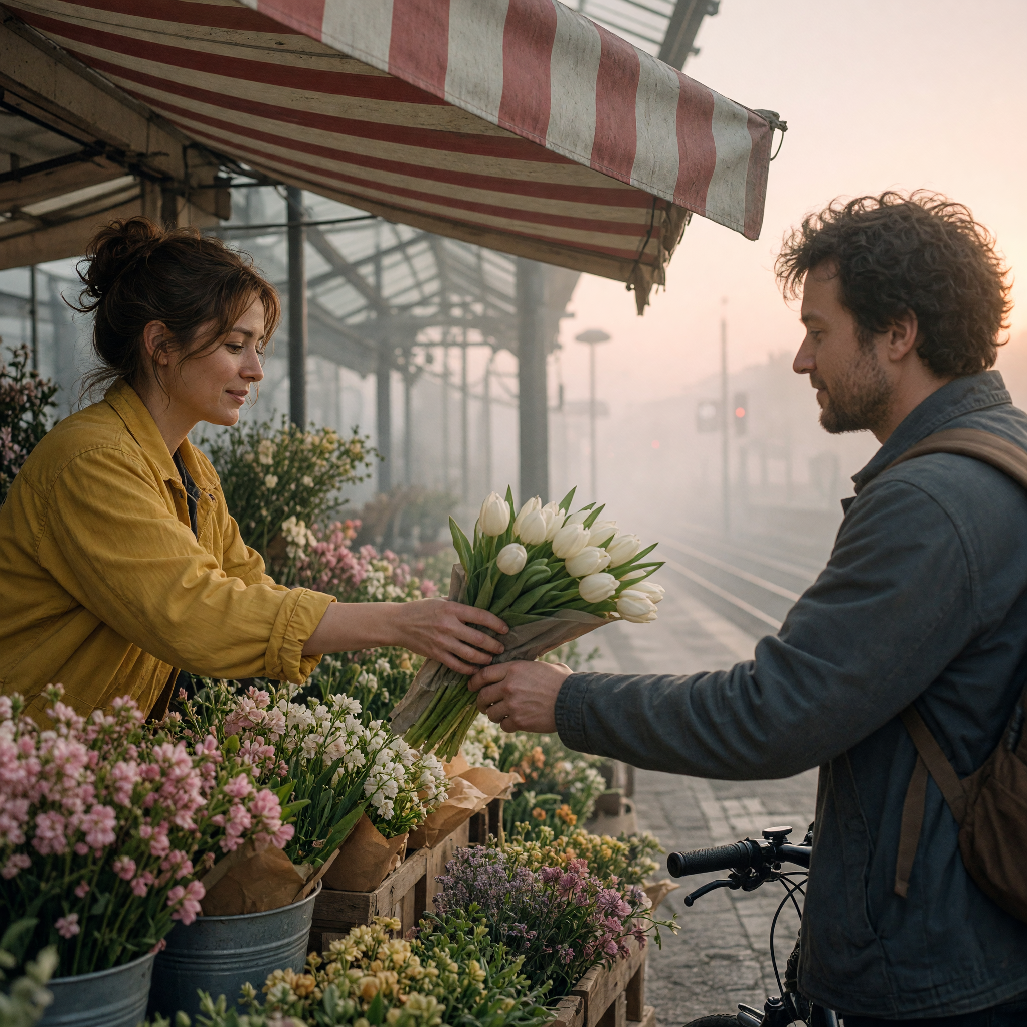 Florist handing tulips to a cyclist at dawn