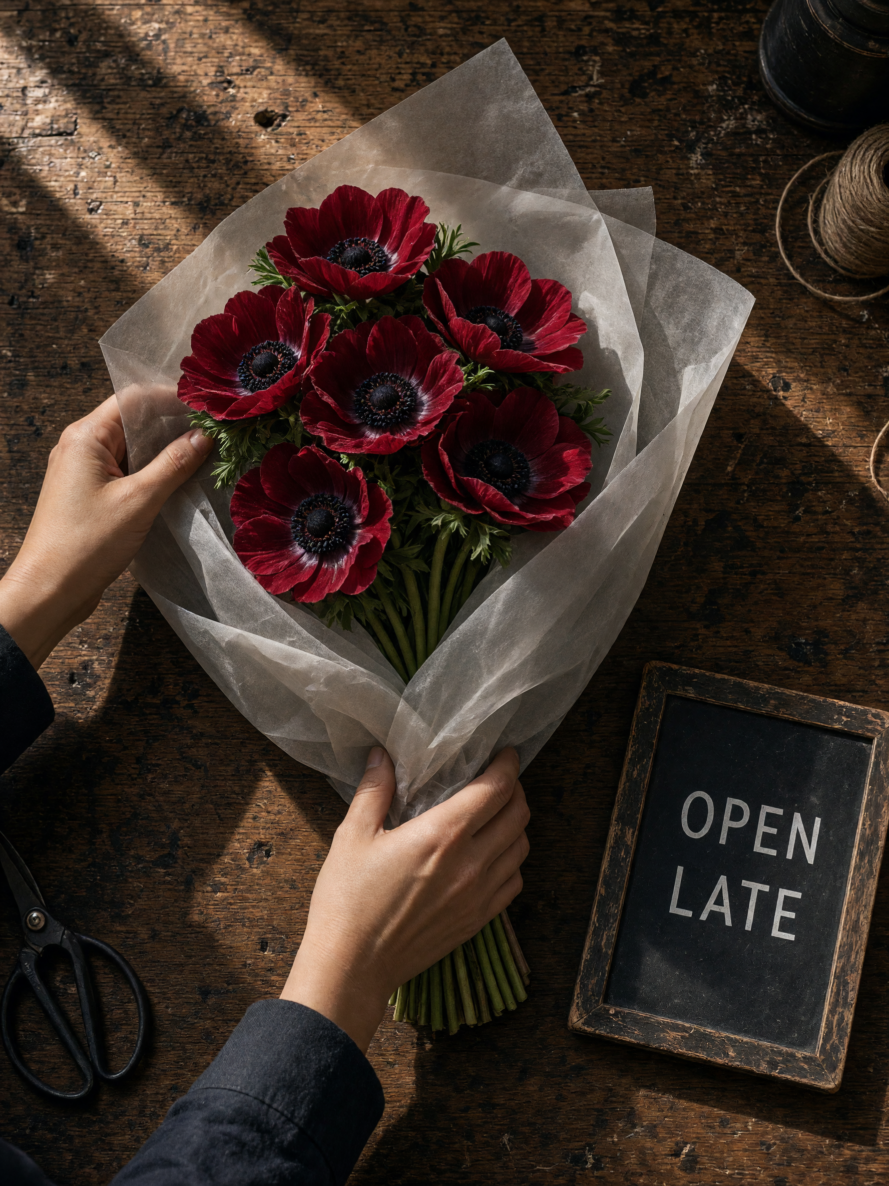 Overhead still life of red anemones and a chalkboard reading Open Late