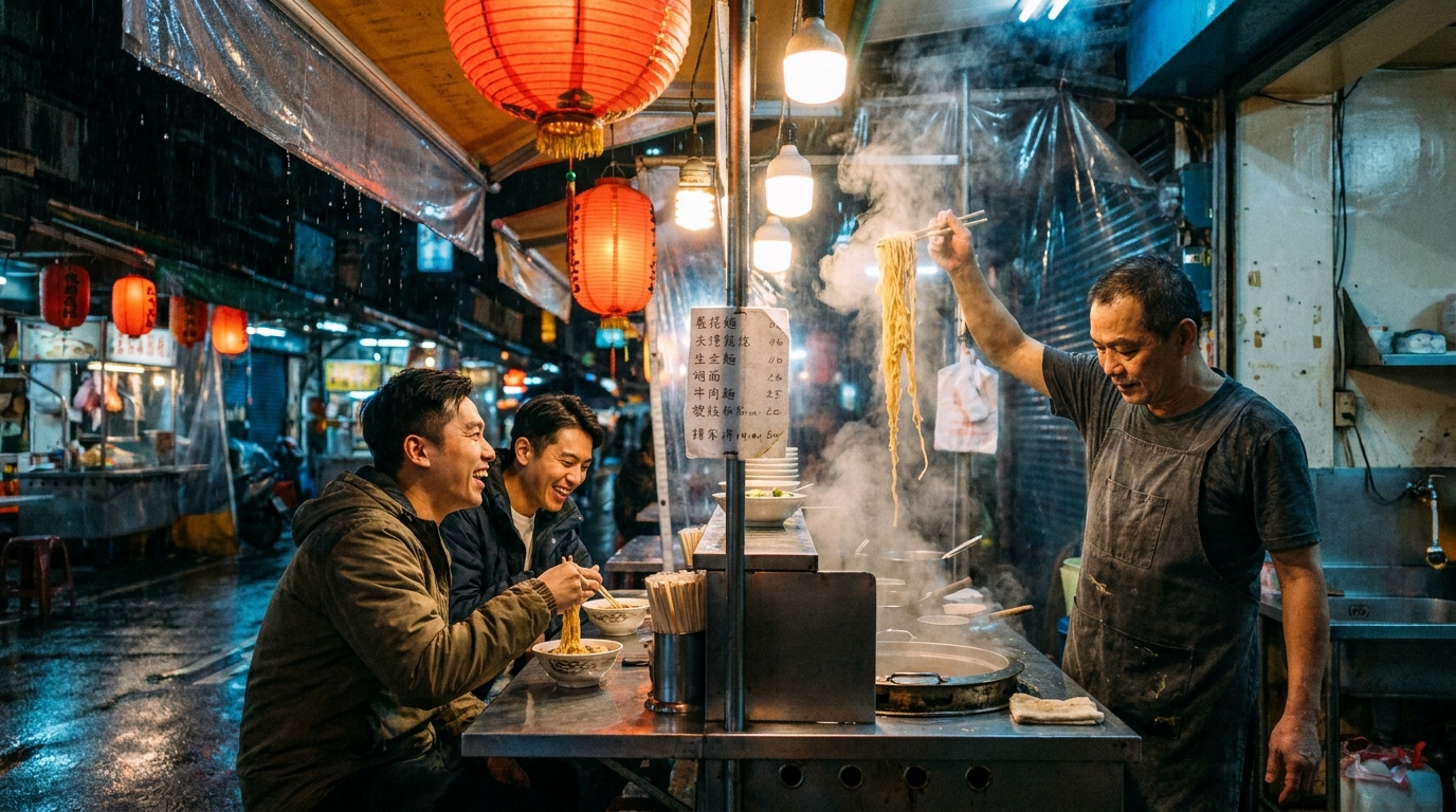 Night Market Noodles Veo 3.1 prompt poster frame showing a chef at a noodle stall