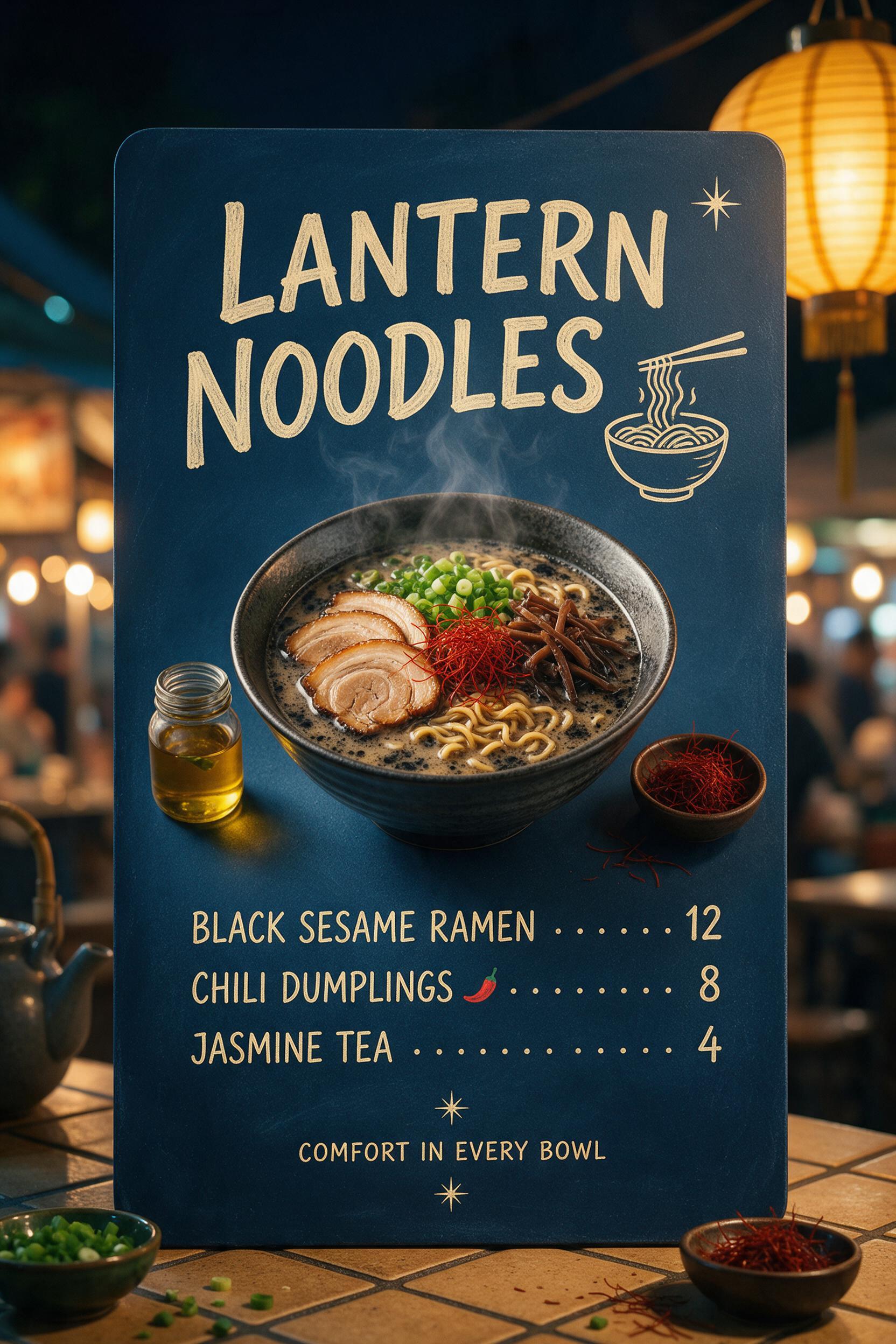 Night Market Menu Seedream 5.0 Pro Prompt with readable ramen menu lettering