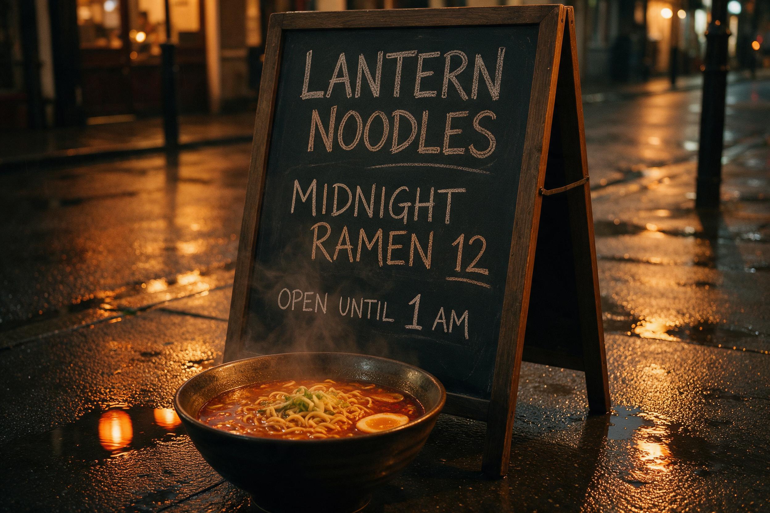 Rainy sidewalk ramen chalkboard menu