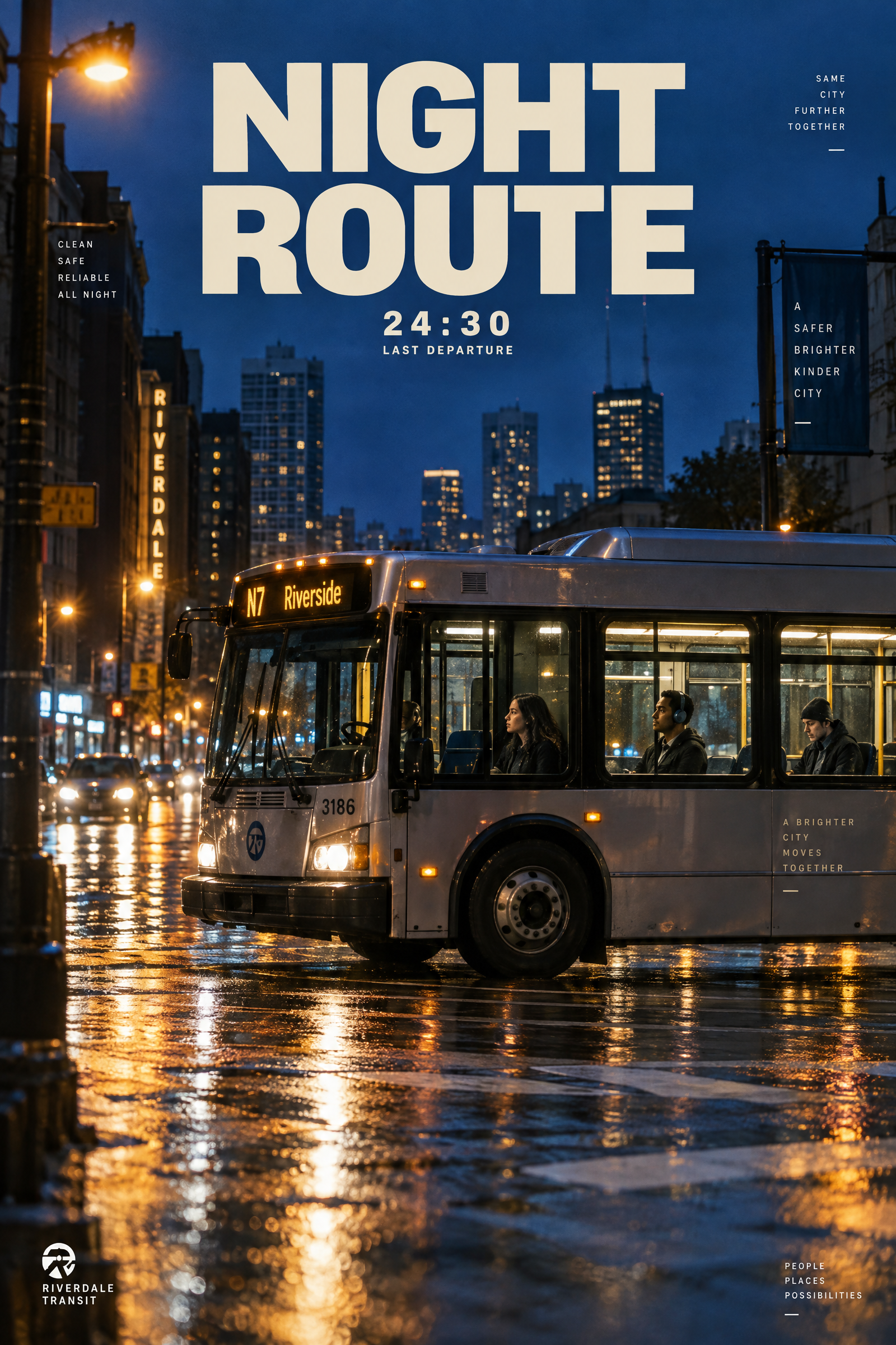 Night Route GPT Image 2.5 prompt city bus poster with readable typography