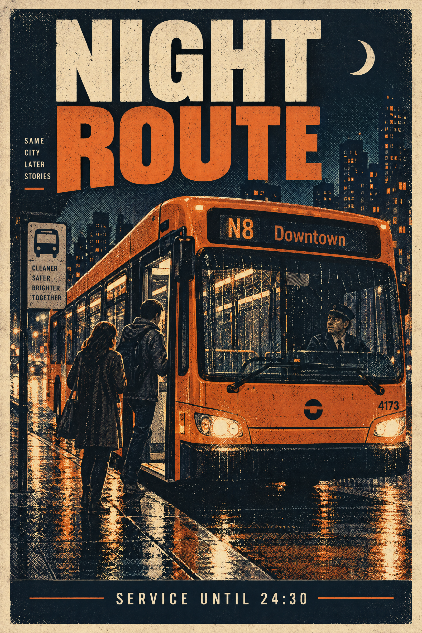 Halftone night bus poster with readable Night Route headline