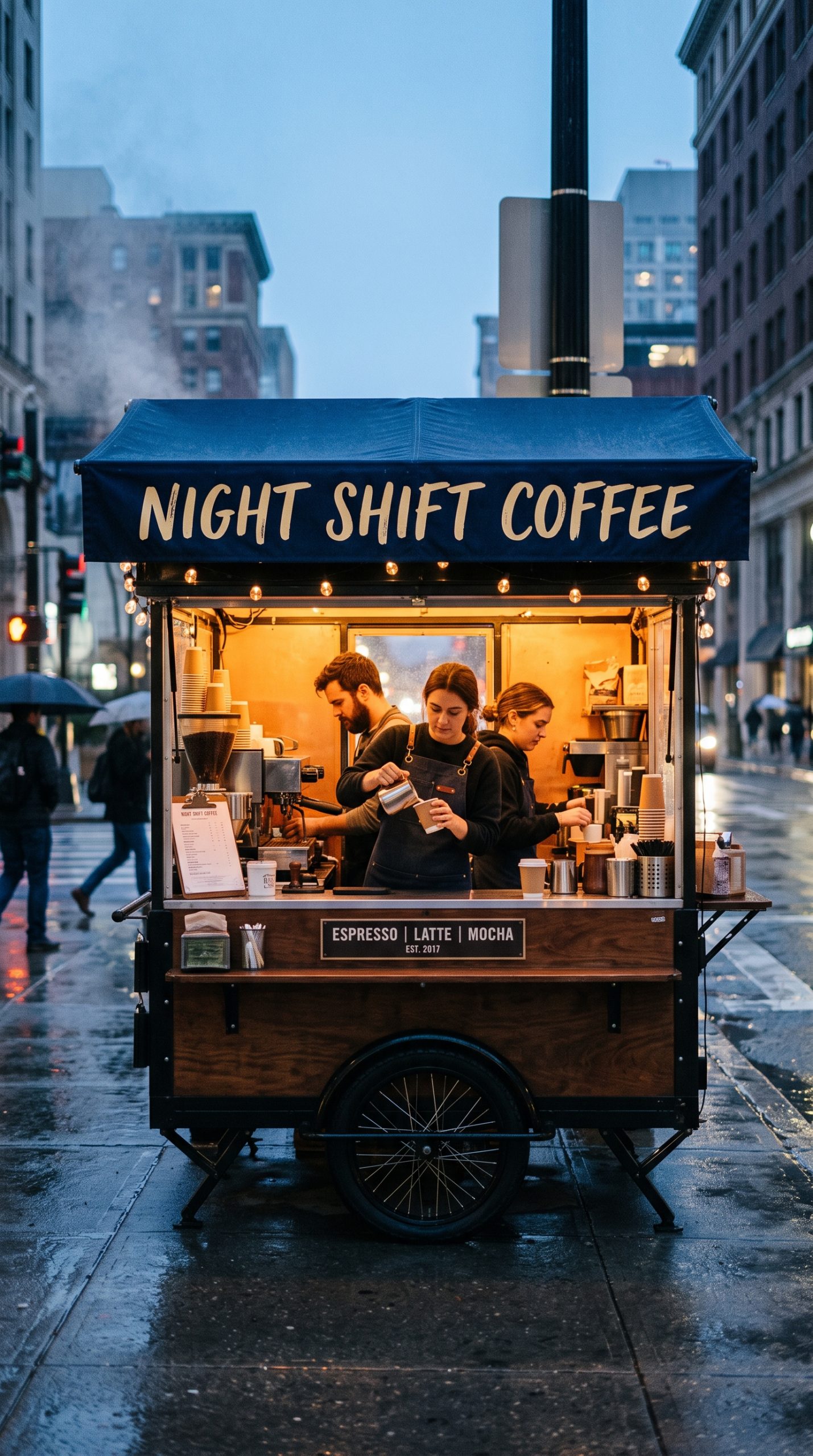 Night Shift Coffee Cart Nano Banana 2 prompt with readable cafe awning