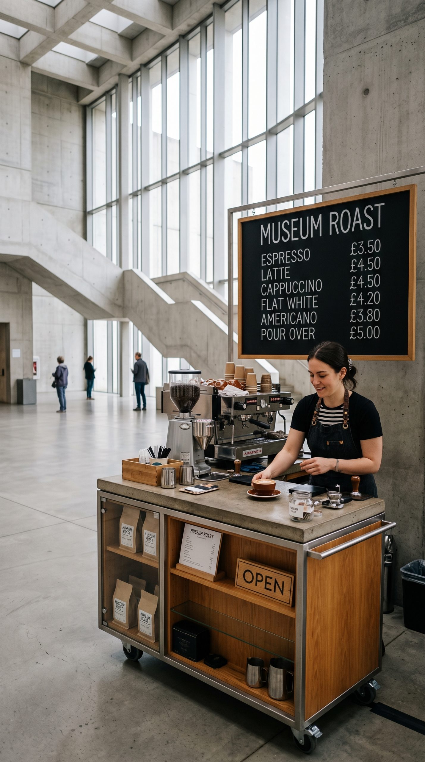 Coffee cart in a museum lobby generated with Nano Banana 2
