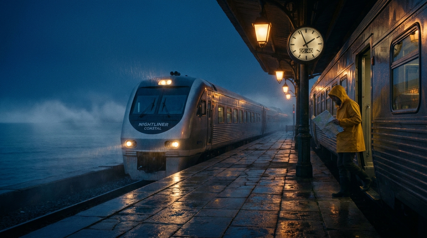 Night Train Arrival Sora 2 Prompt poster frame showing a rain-soaked coastal platform