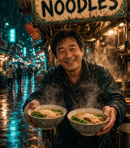 Rainy Noodle Market Grok Imagine Image V2 Prompt