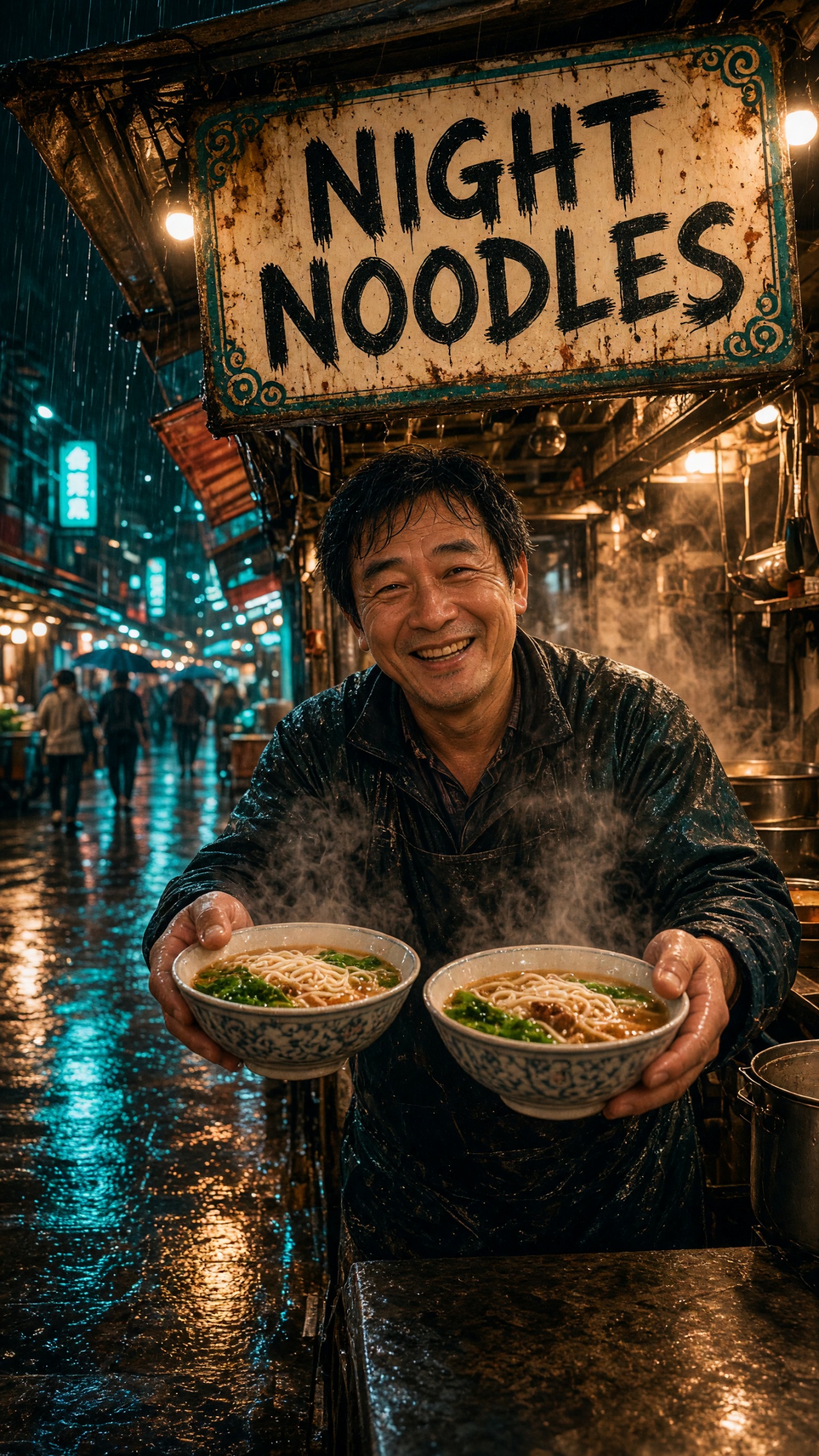 rainy noodle market grok imagine image v2 prompt with a NIGHT NOODLES sign