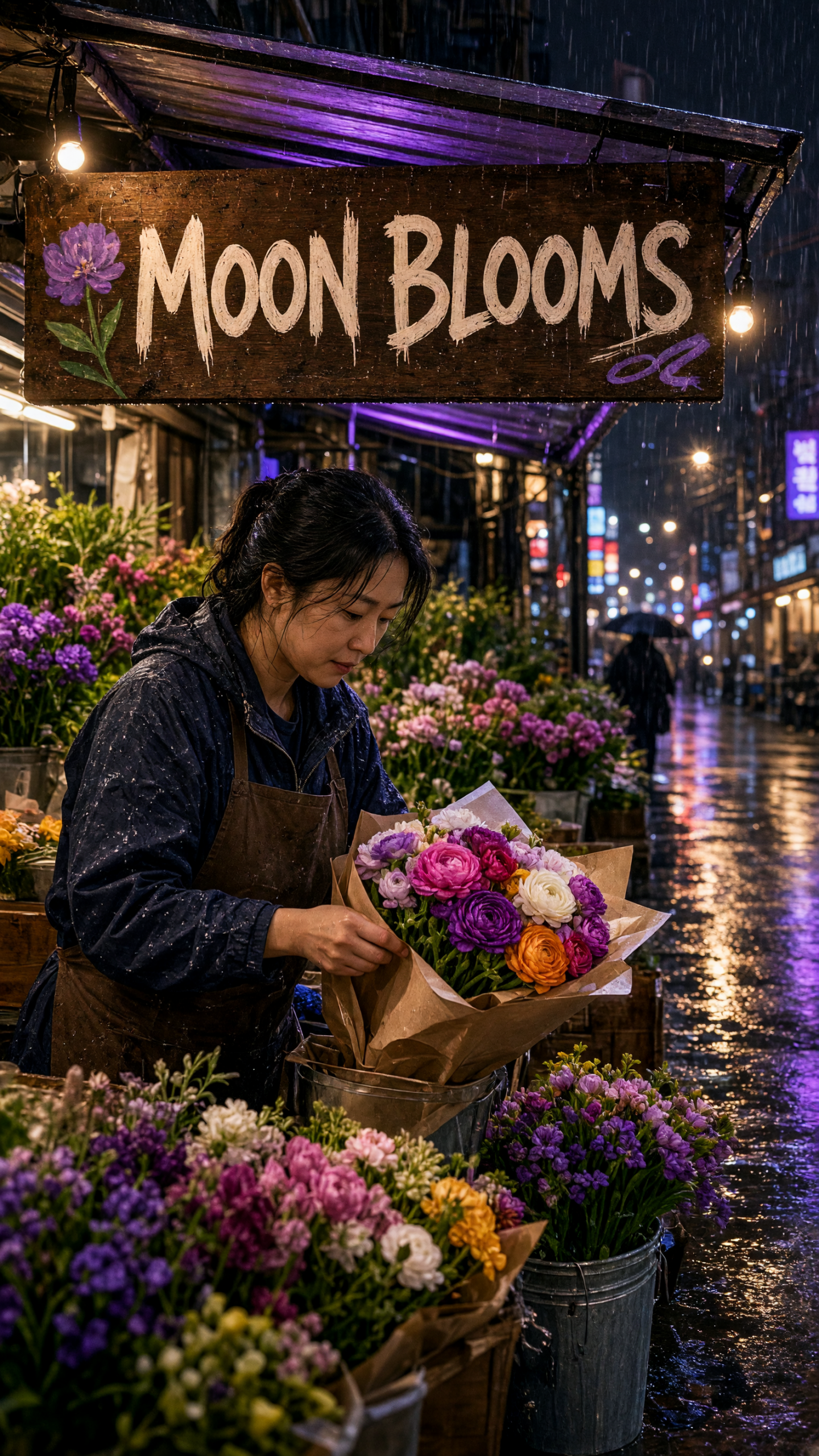 Seoul flower market with a MOON BLOOMS sign in the rain