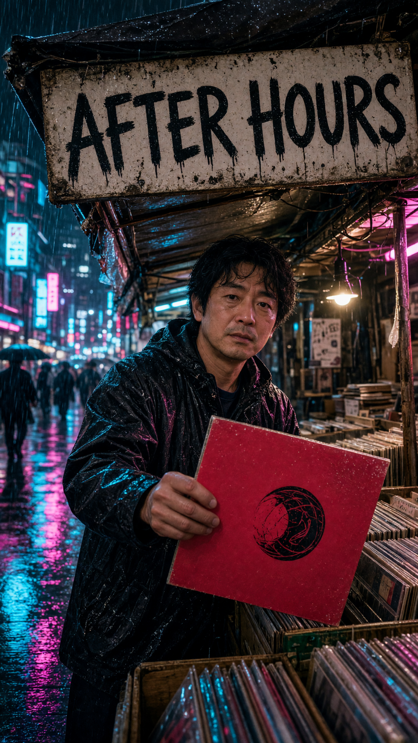 Tokyo vinyl market with an AFTER HOURS sign in the rain