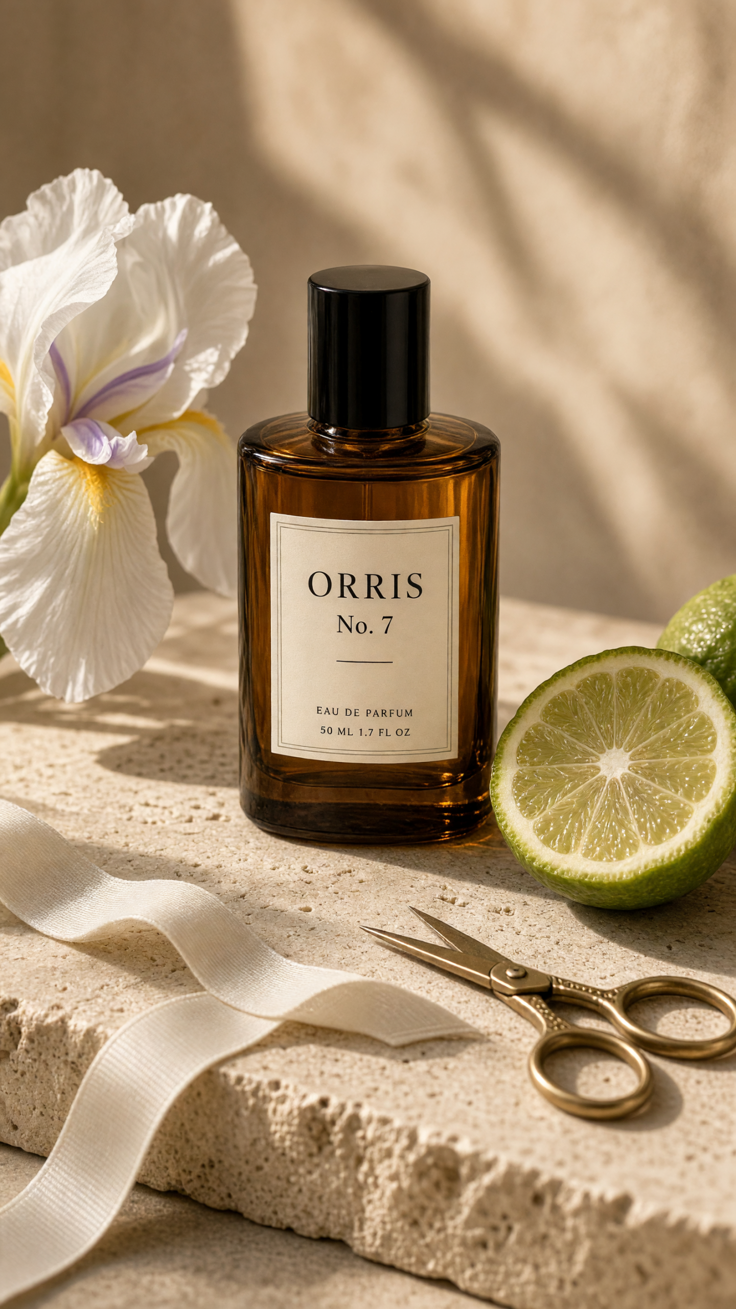 Botanical Perfume Grok Imagine Image V2 prompt output with iris and amber bottle