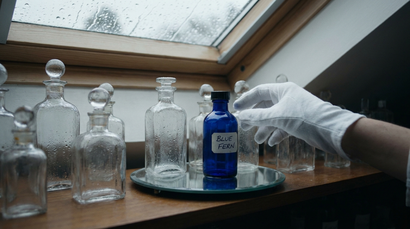 Cobalt perfume bottle input frame on an apothecary shelf