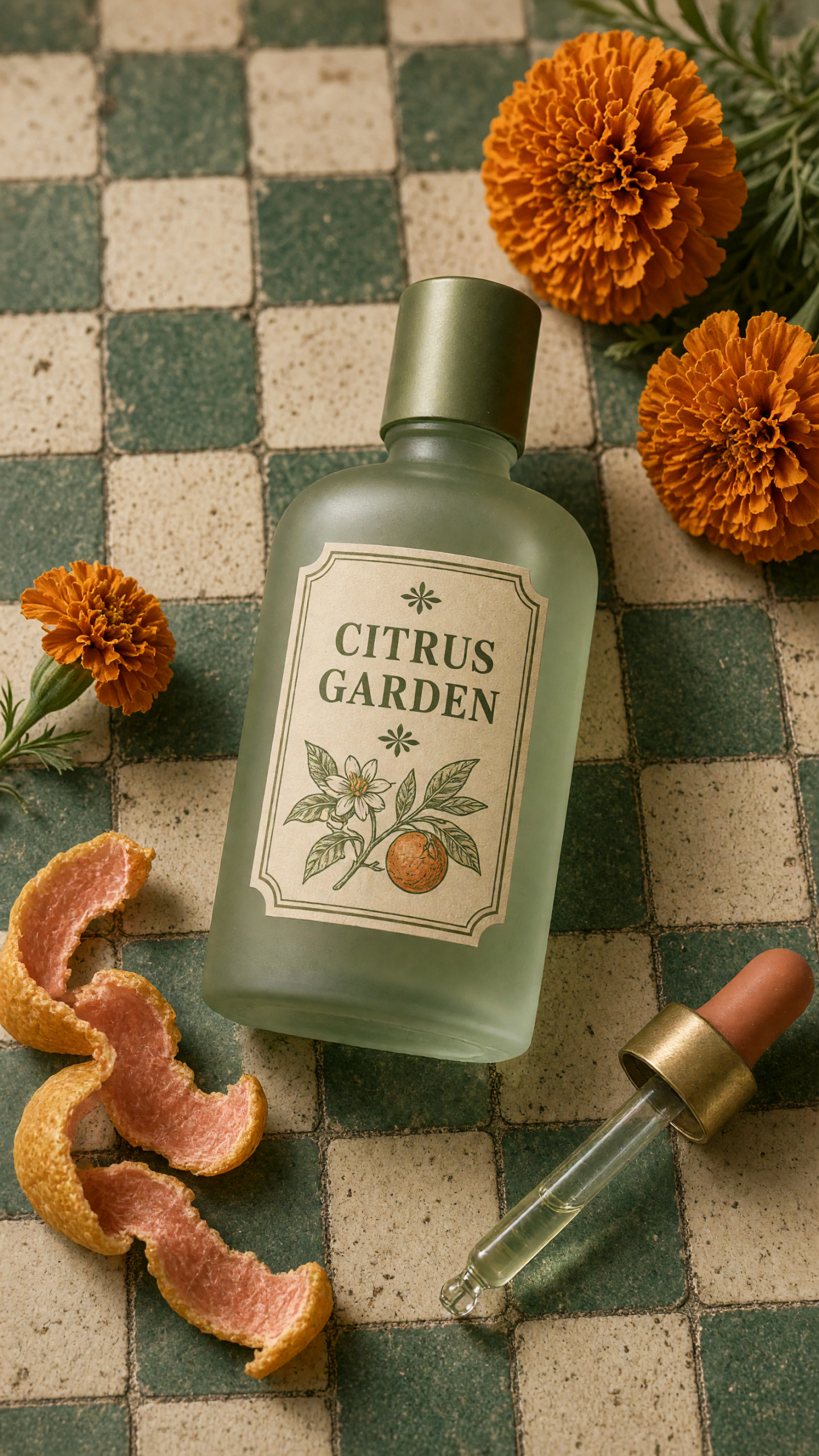 Green perfume bottle with marigolds generated with Grok Imagine Image V2