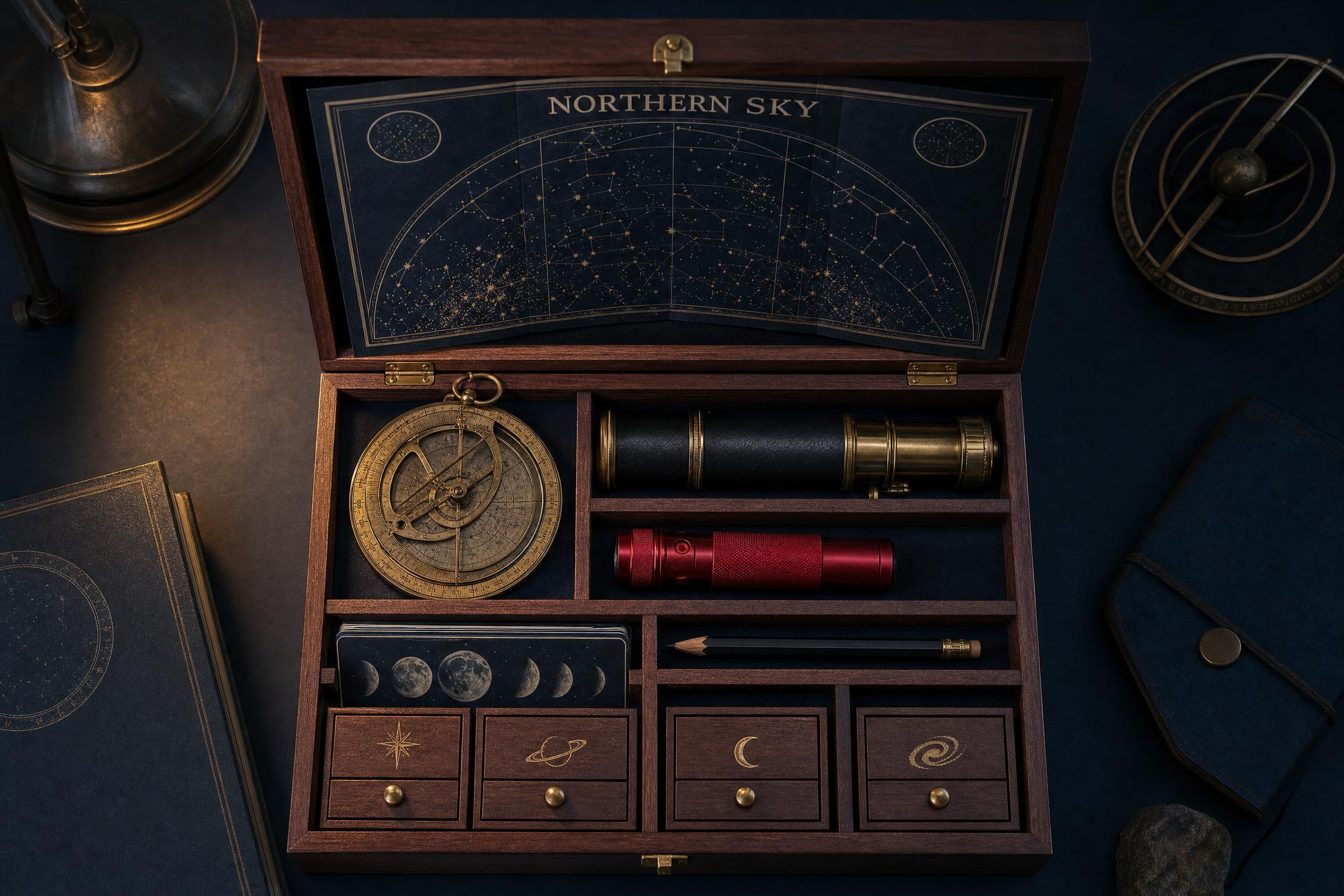 Pocket Observatory GPT Image 2 Prompt showing an open walnut astronomy kit