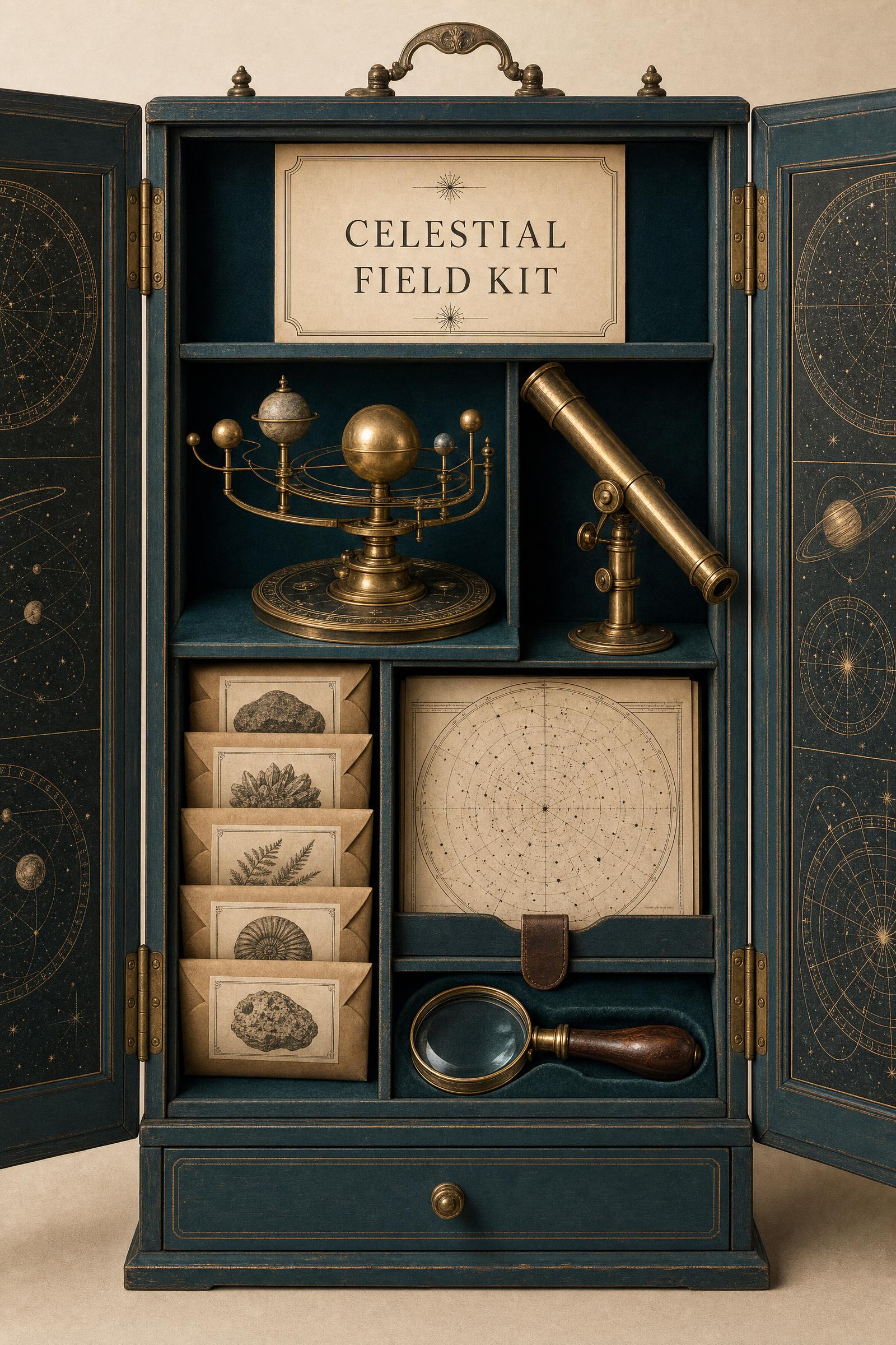 Miniature celestial field kit cabinet with orrery and telescope