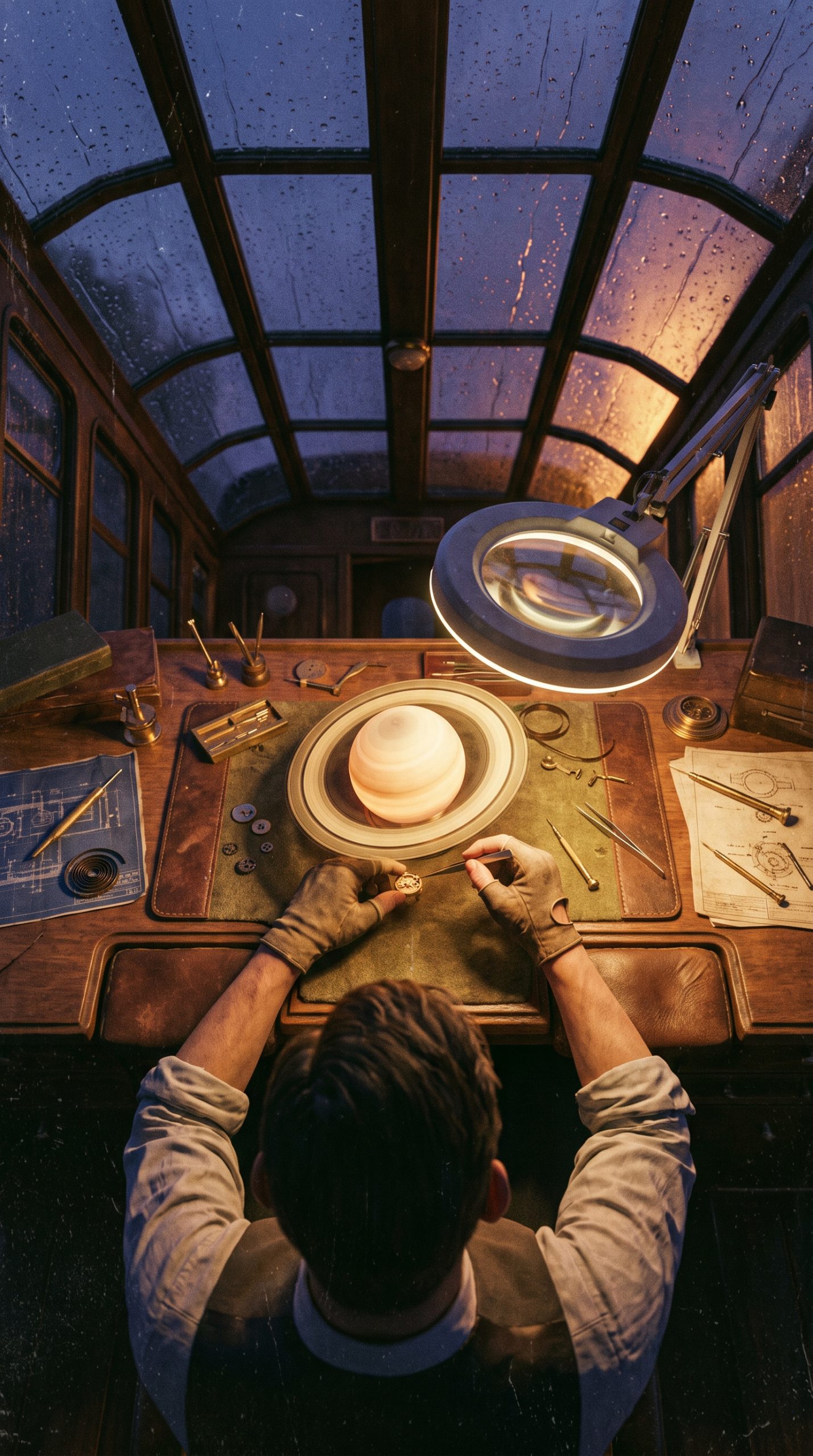 Pocket Planet Repair MiniMax H3 prompt first frame with watchmaker and glowing Saturn