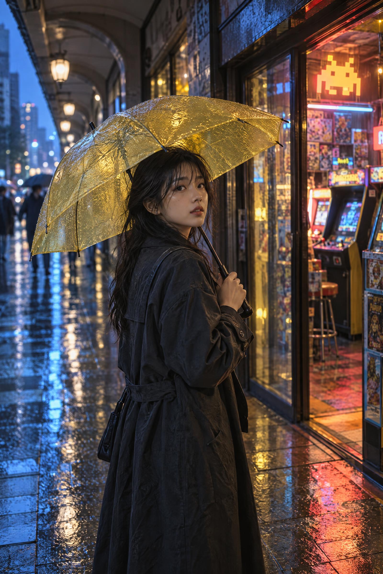 Rainy Arcade Portrait GPT Image 2.5 Prompt with a yellow umbrella and neon reflections