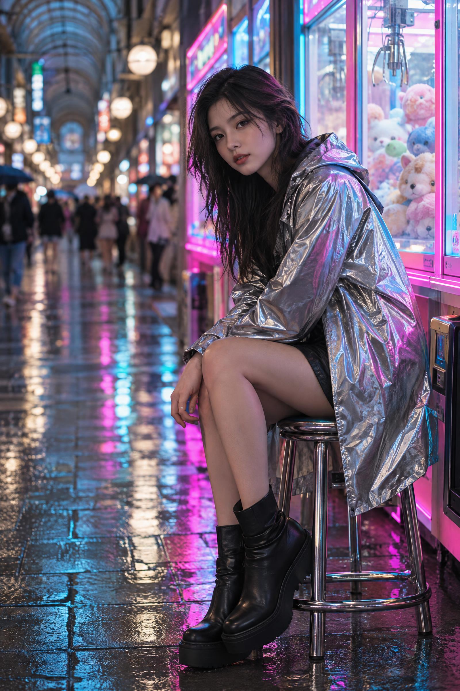 Fashion portrait near glowing claw machines after rain