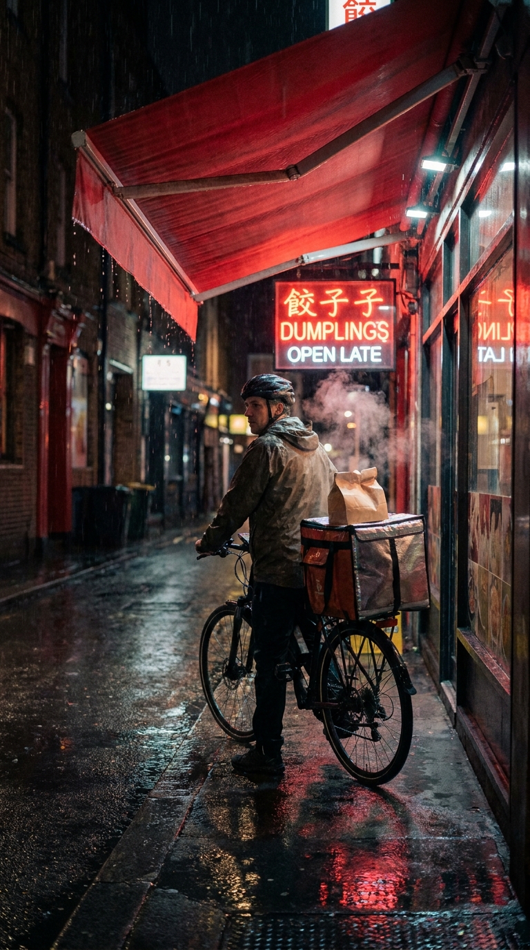 Rainy dumpling delivery MiniMax H3 prompt poster frame in a neon alley