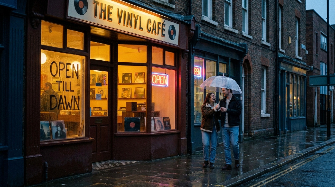 Rainy Record Store Wan 2.7 Prompt first frame with a glowing record shop