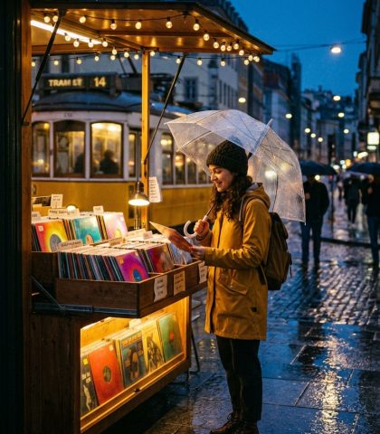 Rainy Vinyl Kiosk Kling 3.0 Prompt