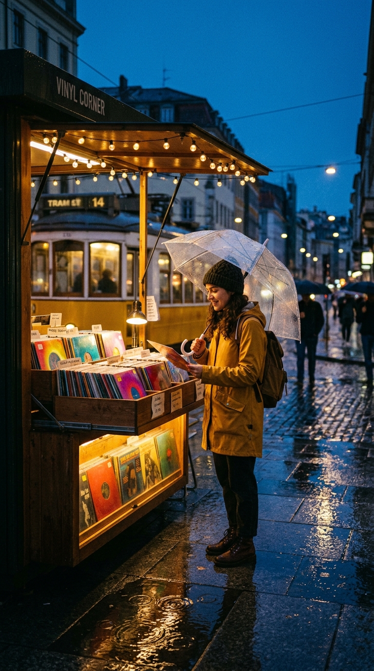 Rainy Vinyl Kiosk Kling 3.0 prompt poster frame with a record seller under an umbrella