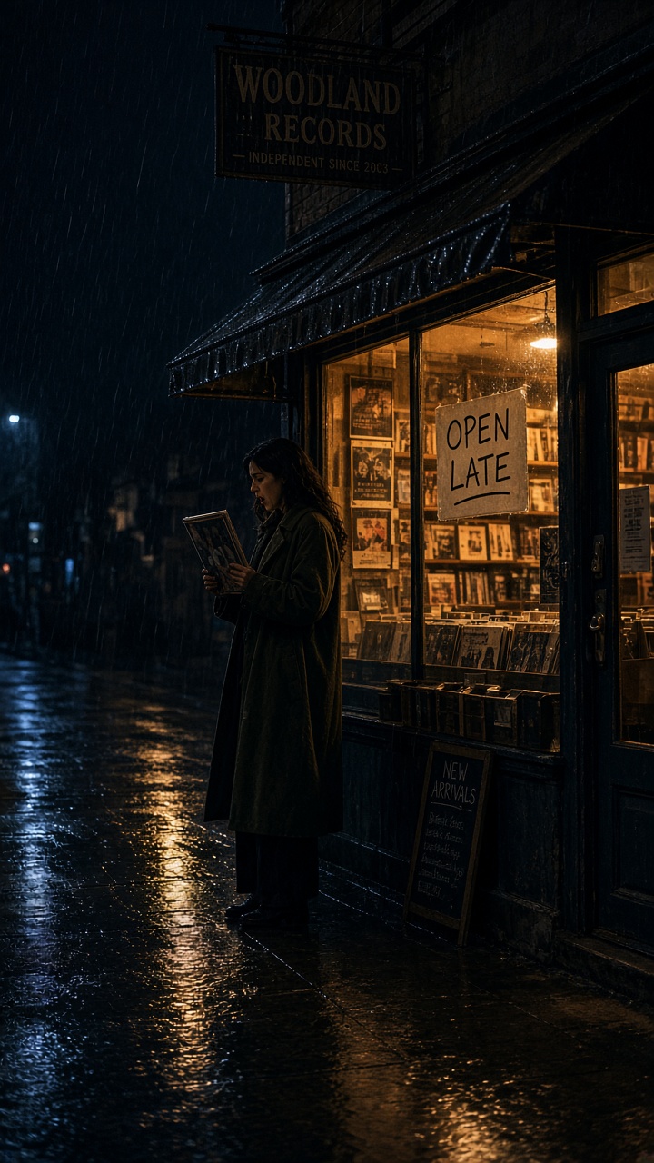 Rainy Record Shop Grok Imagine Video 1.5 prompt input frame with a glowing shop window