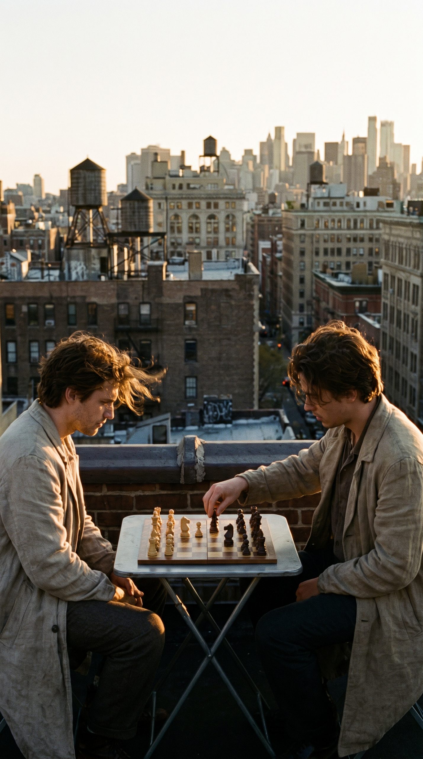 Rooftop Chess Match MiniMax H3 prompt first frame at sunrise