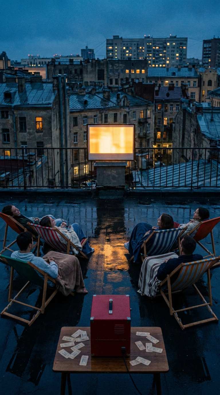 Rooftop Cinema Kling 3.0 prompt poster frame with friends and projector
