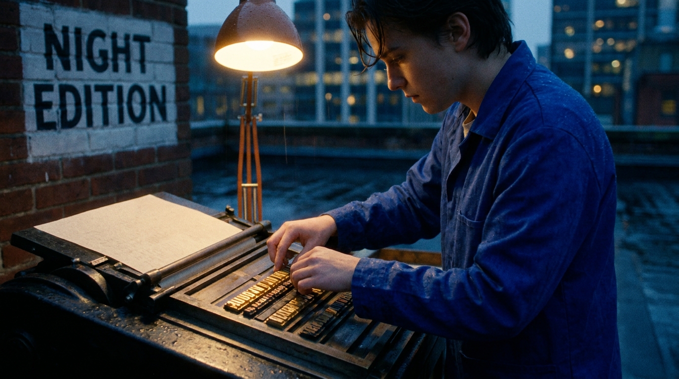 Rooftop Lettering Workshop Veo 3.1 Prompt first frame with brass type and print shop