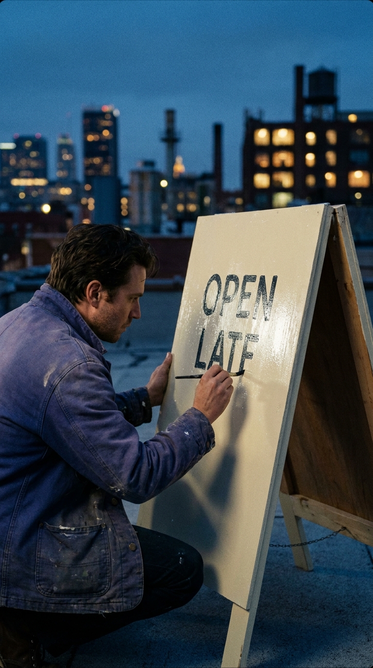 Rooftop sign painter Gemini Omni Flash prompt poster frame with an Open Late sign