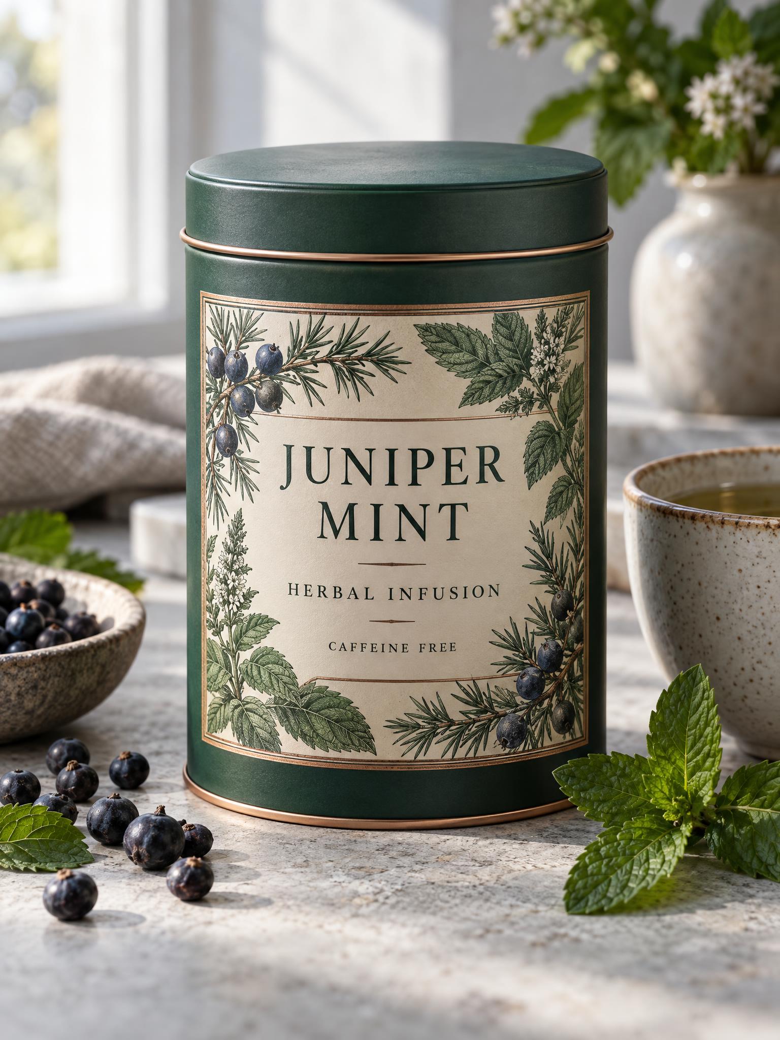Juniper Mint herbal tea tin generated with GPT Image 2.5