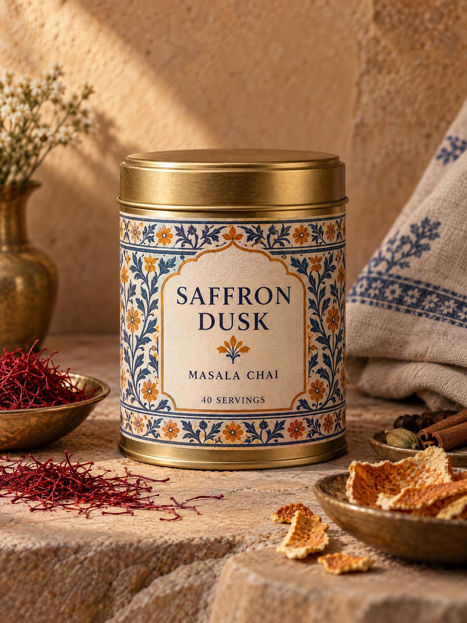 Saffron Tea Label GPT Image 2.5 Prompt showing Saffron Dusk tea tin
