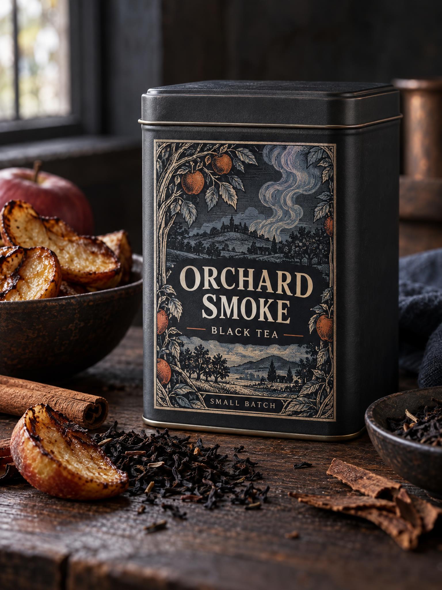 Orchard Smoke black tea tin generated with GPT Image 2.5